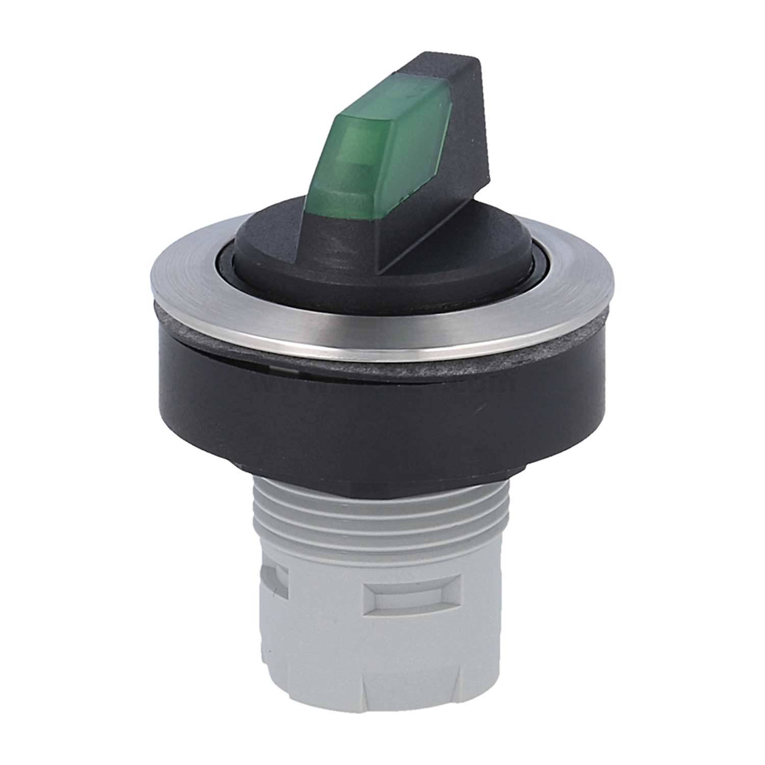Ein schwarzer Drehschalter mit einem grünen dreieckigen Indikator sitzt auf einem kreisförmigen silbernen Rand, montiert auf einer weißen zylindrischen Basis.