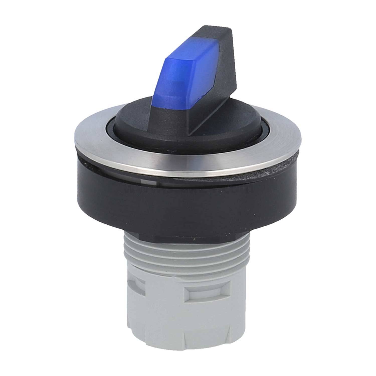 Ein blauer Drehschalter mit schwarzer Grundfläche und silberner Einfassung, ausgestattet mit einer grauen Gewindemontage für die Paneelinstallation.