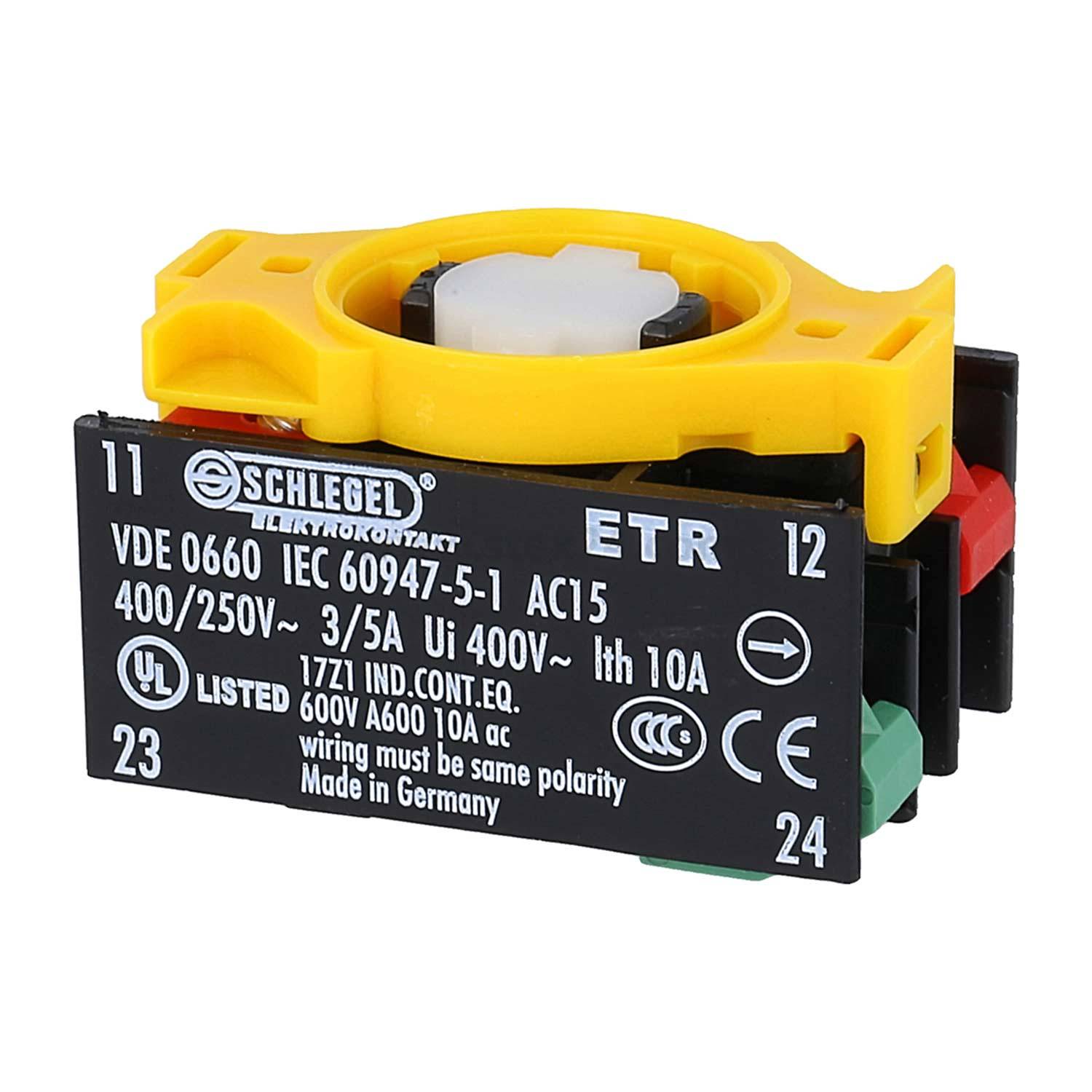 Ein Schlegel-Elektruschalter mit mehreren Bewertungen und Zertifizierungen auf der Vorderseite, einschließlich Spannungs- und Stromspezifikationen.