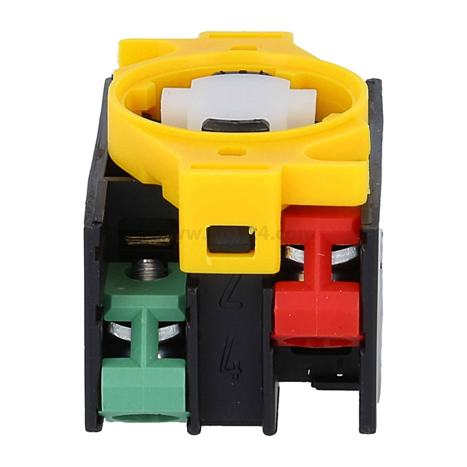 Ein quadratischer elektrischer Schaltblock mit einem kreisrunden gelben Rahmen oben, ausgestattet mit grünen, schwarzen und roten Komponenten, der für Kontrollpulte verwendet wird.