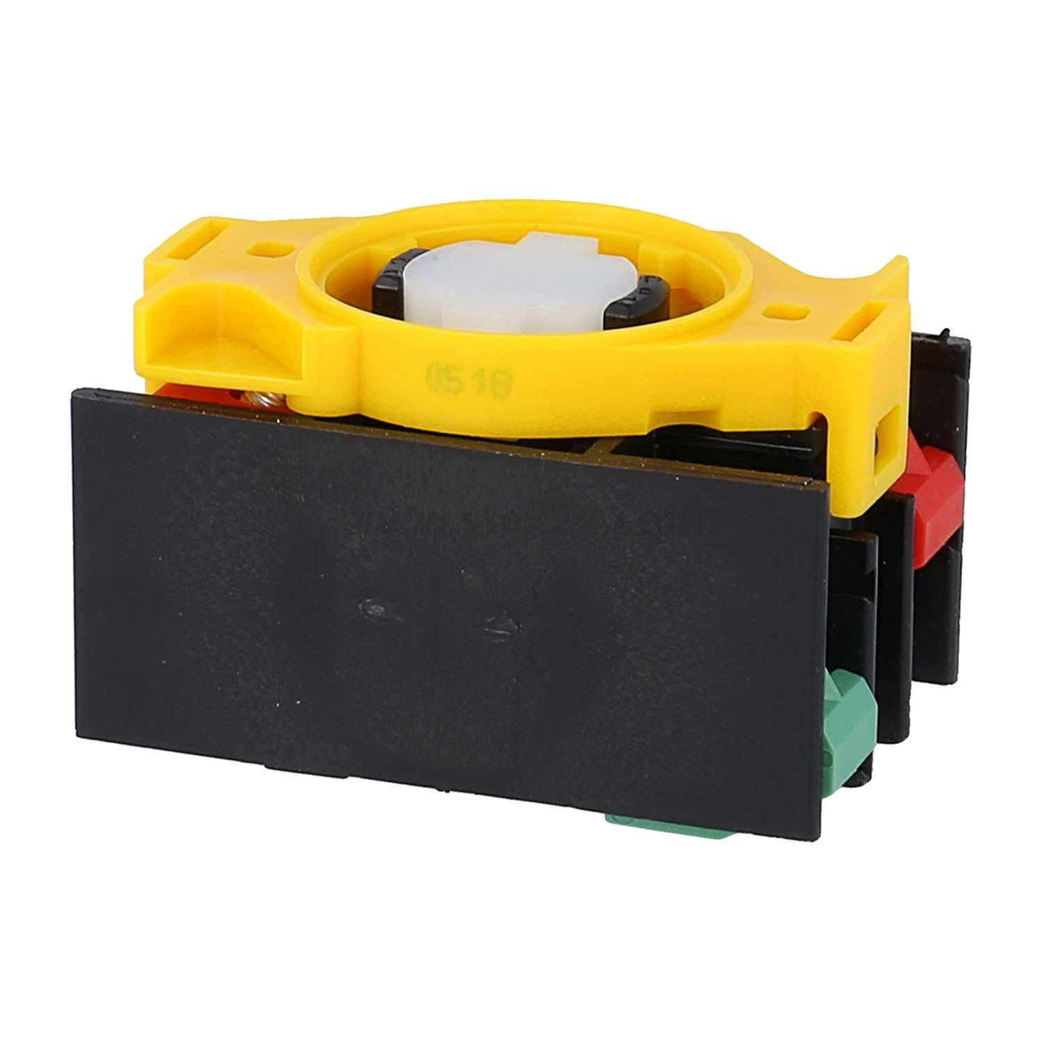 Eine gelbe und schwarze Kunststoffkomponente mit mehreren Tasten und Anschlüssen, möglicherweise für elektronische oder mechanische Zwecke.