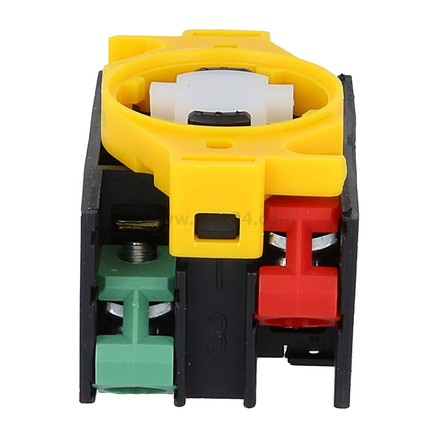 Ein Nahaufnahmebild eines modularen elektrischen Kontaktblocks mit roten, grünen und gelben Komponenten, verwendet für industrielle elektrische Schaltkreise.
