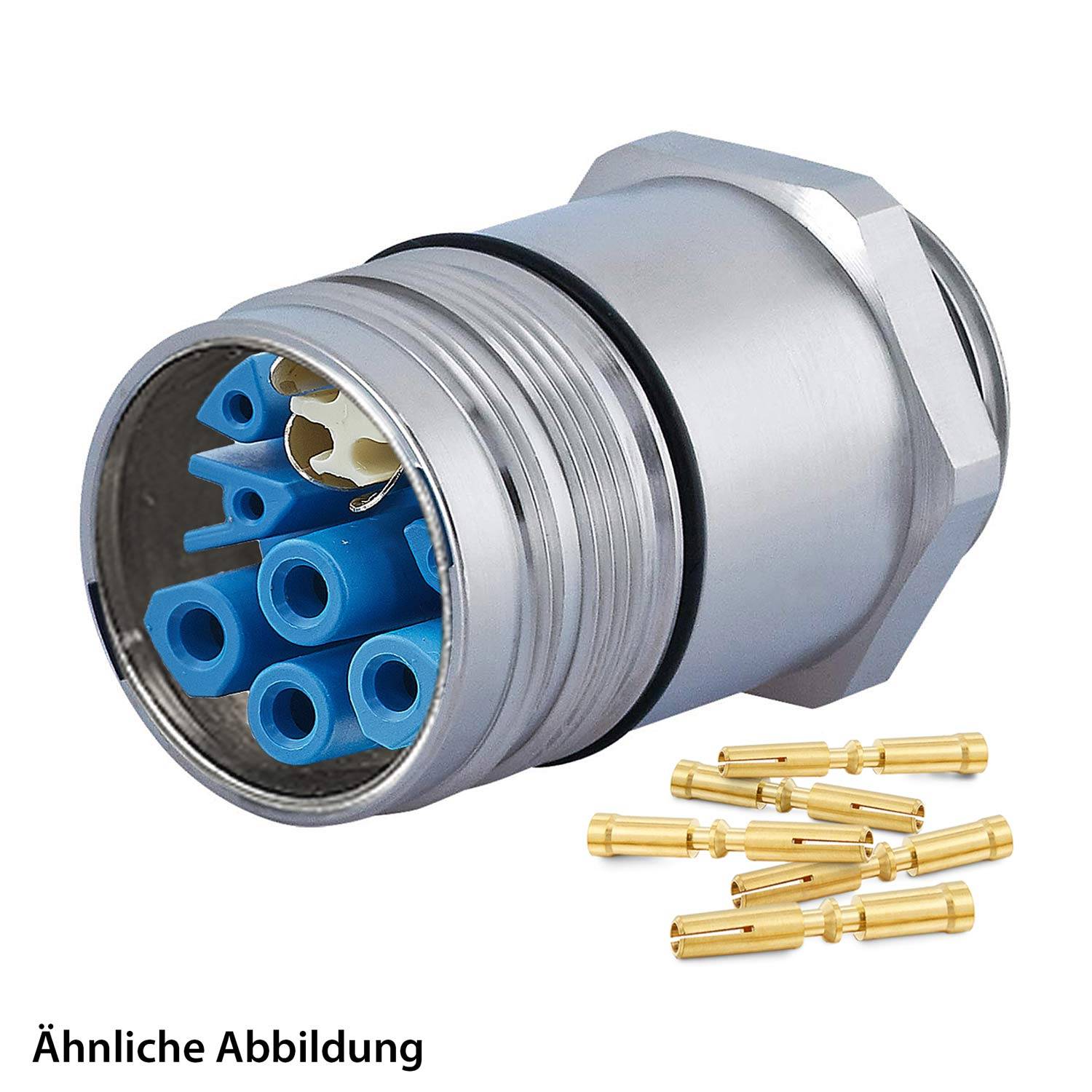 Ein zylindrischer Metall-Elektroverbinder mit mehreren blauen und weißen Pins, begleitet von separaten Goldpins auf weißem Hintergrund.