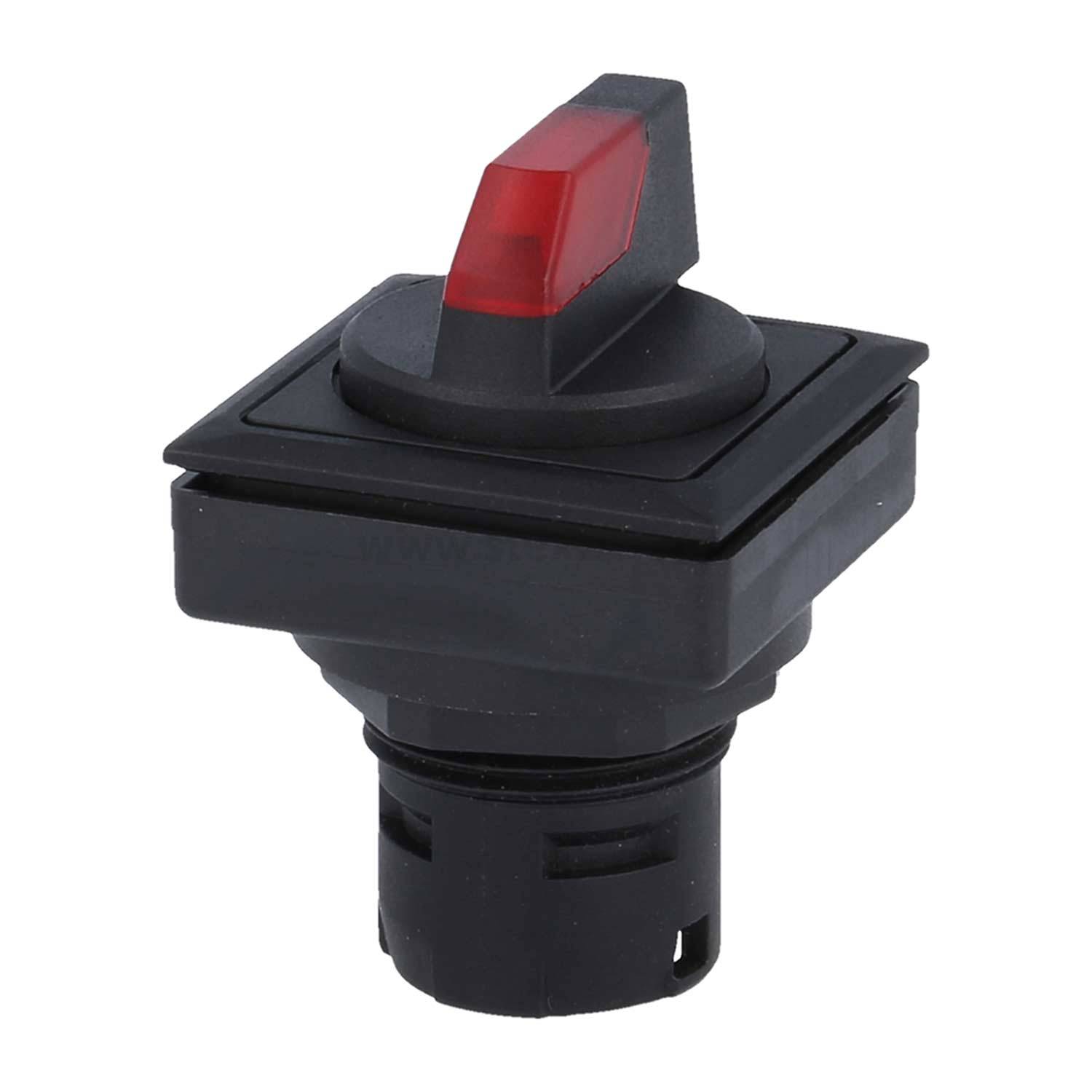 Roter und schwarzer Wippschalter, quadratisches Design, aufrecht stehend auf weißem Hintergrund, verwendet für elektrische Geräte oder Maschinensteuerung.