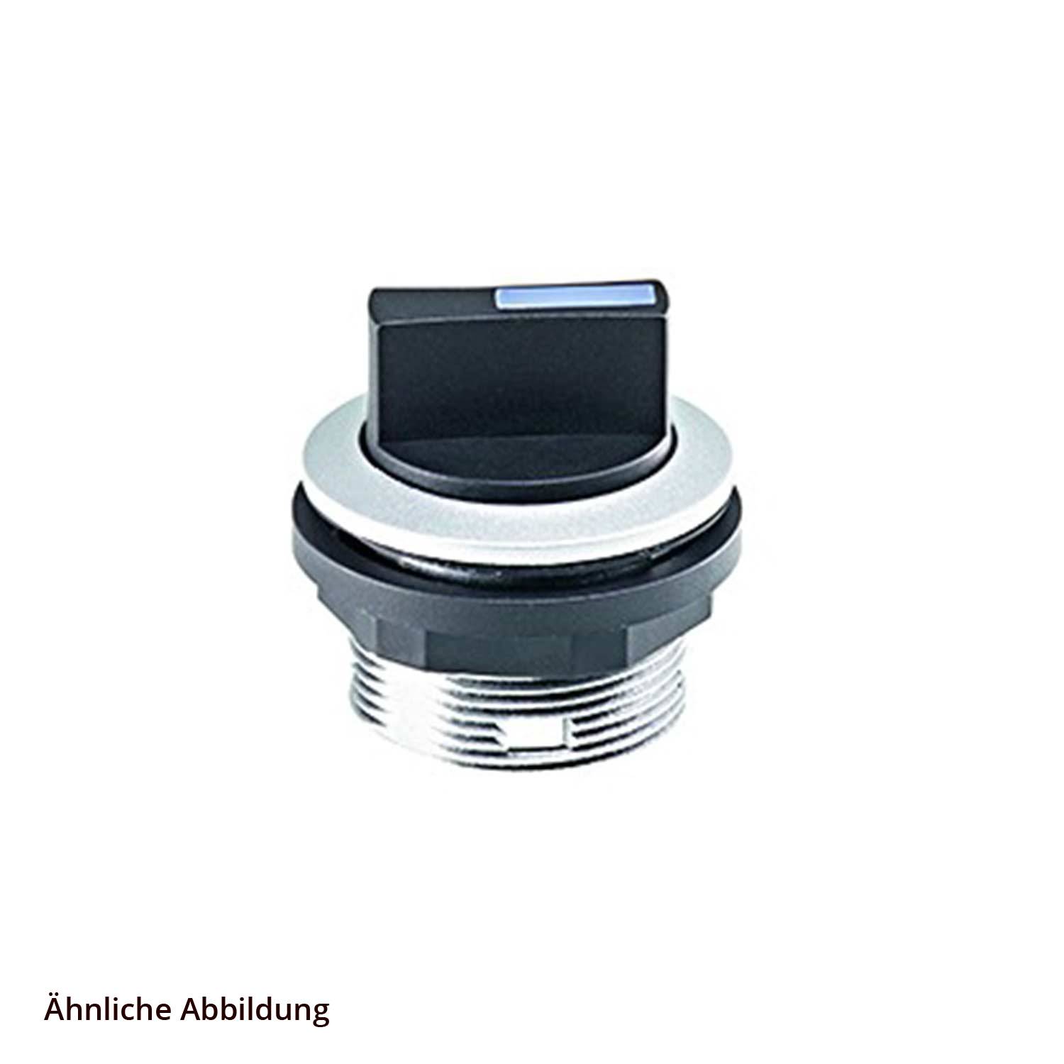 Eine Frontansicht eines Rotary-Schalterknopfs aus Metall und schwarzem Kunststoff auf einer Gewindebasis, der in industrieller Ausrüstung verwendet wird. Text lautet ‚Ähnliche Abbildung'.