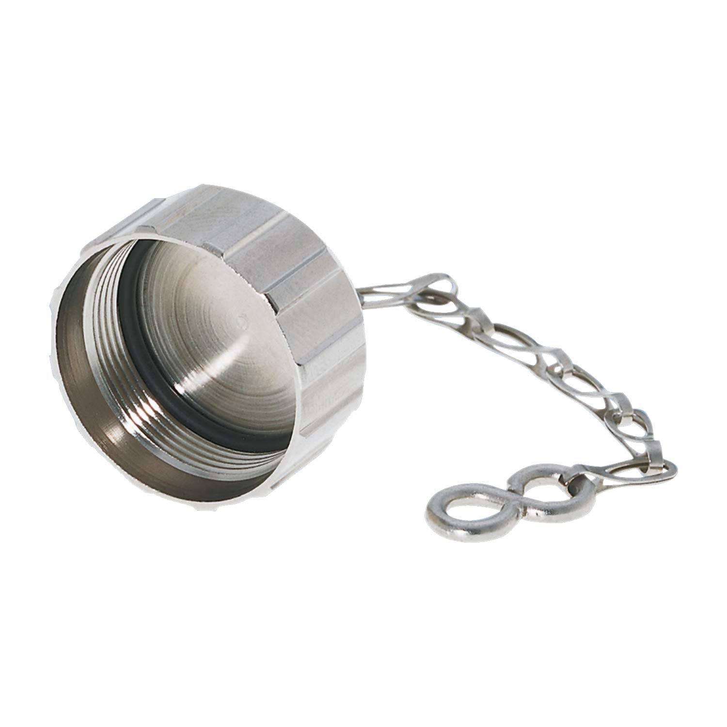 Eine Metallschraubkappe mit einer angehängten Kette, geöffnet und das Innengewinde detailliert sichtbar.