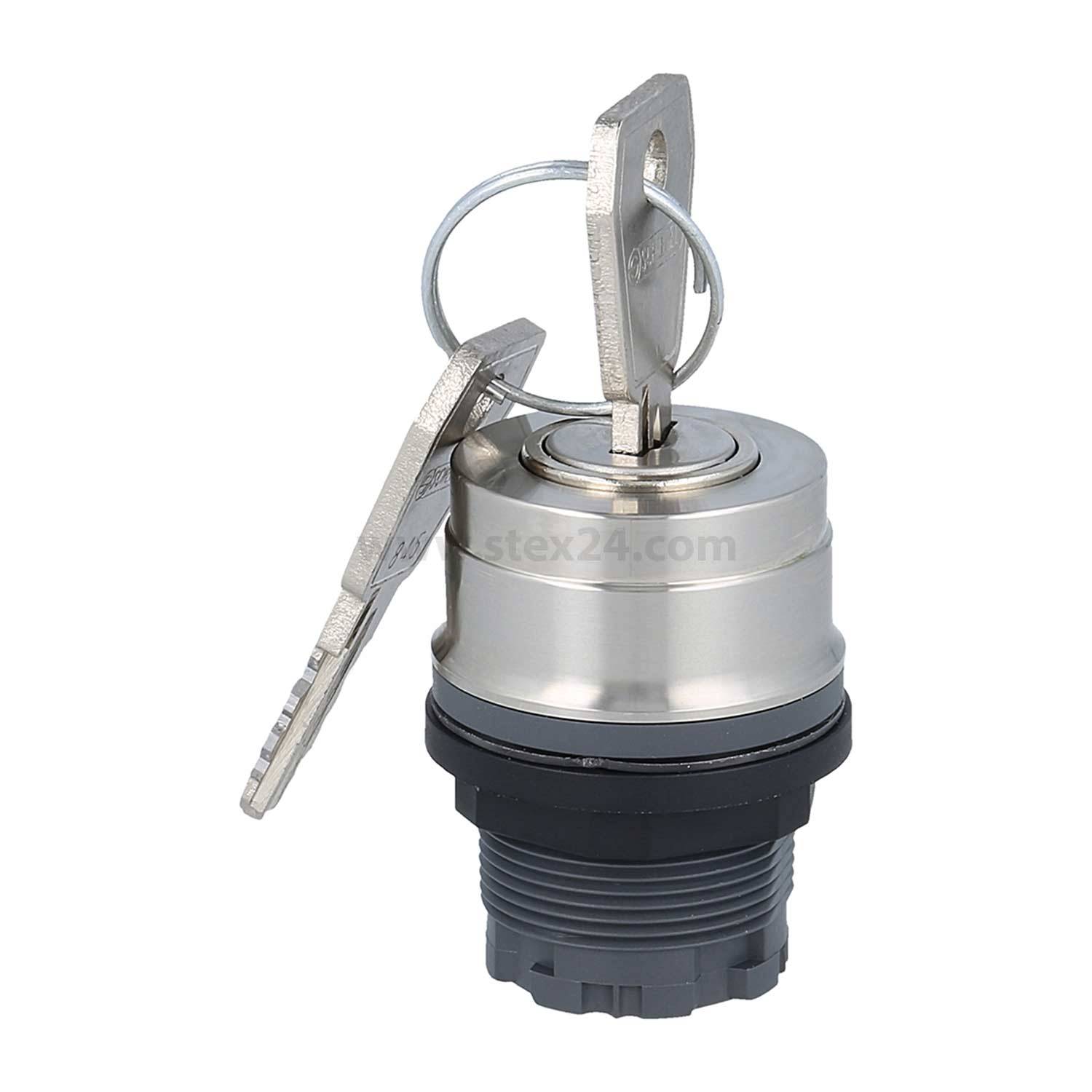 Schlüsselschalter mit zwei eingelegten Schlüsseln, entwickelt zum Aktivieren elektrischer Schaltkreise oder Maschinen. Der Schalter verfügt über einen metallischen Gehäuse und eine schwarze Basis.