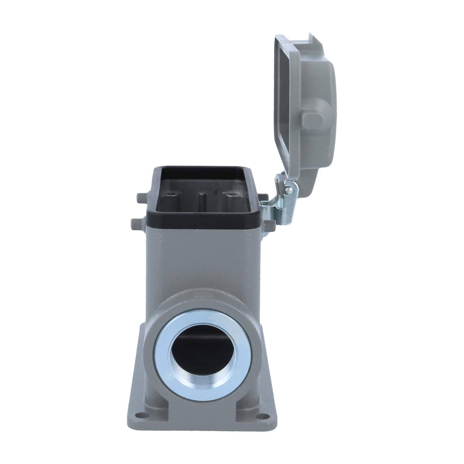 Ein grau-industrieller elektrischer Anschlussgehäuse mit einem geschlossenen Deckel, von vorne betrachtet.