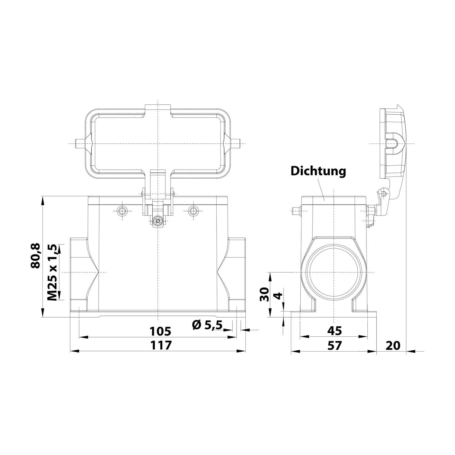Technische Zeichnung eines mechanischen Bauteils mit beschrifteten Maßen, einschließlich 'M25 x 1,5', 'Ø 5,5' und 'Dichtung'. Seiten- und Frontansicht dargestellt.