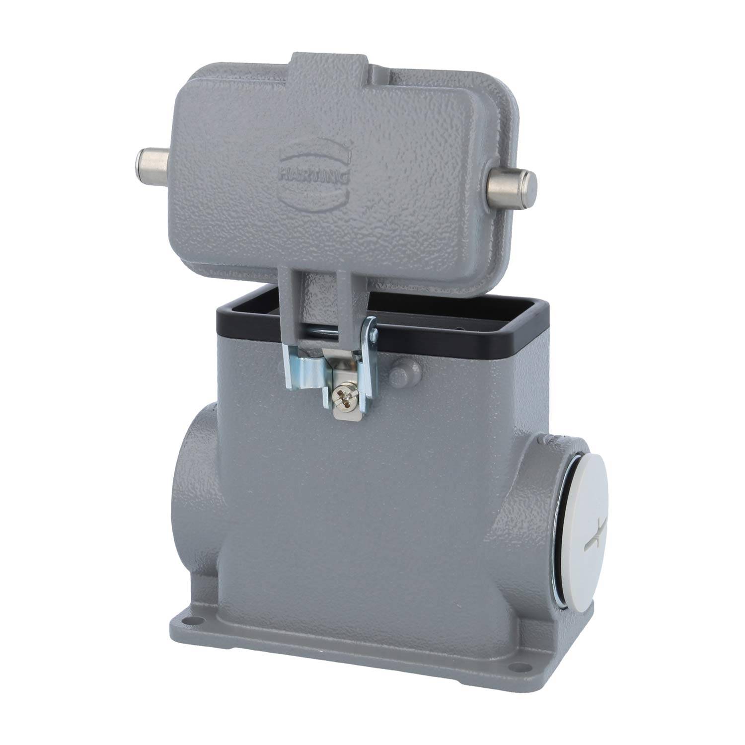 Ein robustes industrielles Anschlussgehäuse mit Schutzdeckel, konzipiert für sichere elektrische Verbindungen und Umweltschutz.