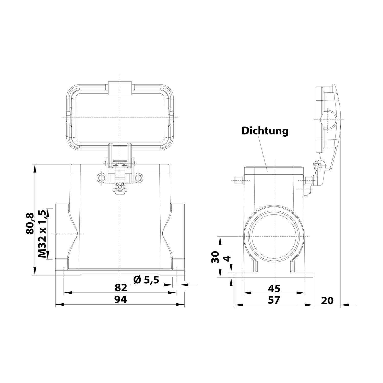 05300102274 HARTING Han 10B Sockelgehäuse hoch, 1xM32 seitlicher Kabelabgang, für 2 Bügel (am Oberteil) mit Schutzkappe