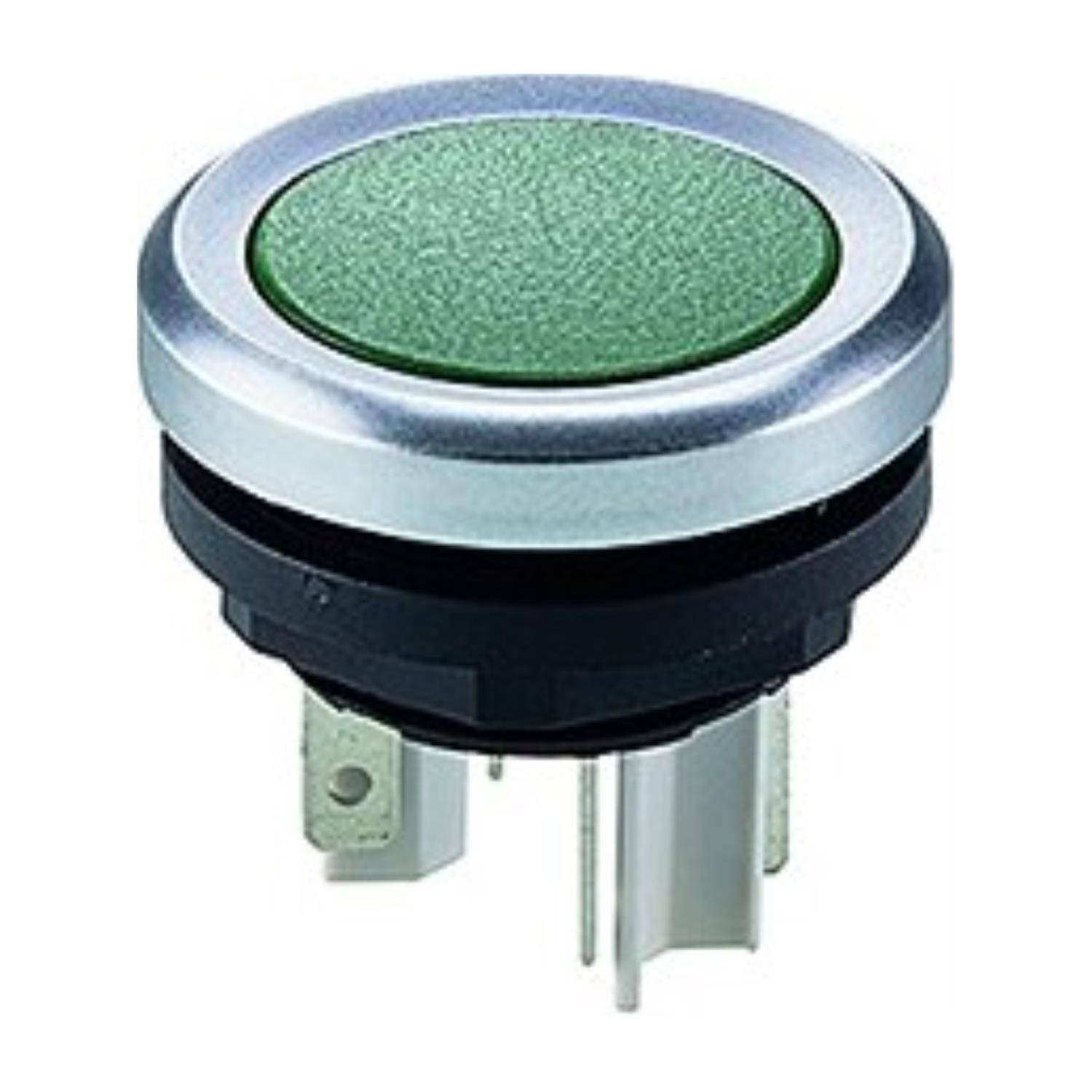 Ein grüner, runder Druckknopf mit einem Metallrand und elektrischen Anschlüssen, der typischerweise in elektronischen Geräten zum Auslösen von Aktionen verwendet wird.