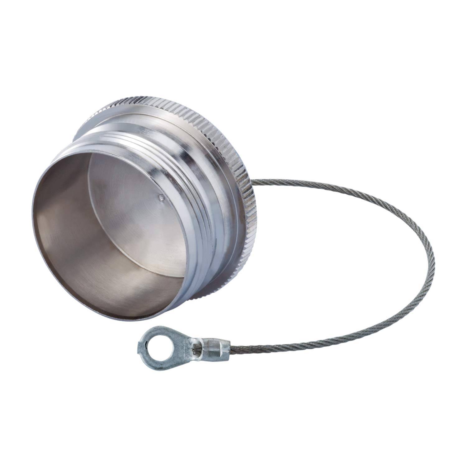 Eine silberne Metallkappe mit Gewindedesign ist an einer flexiblen Drahtseilschlaufe befestigt. Die Kappe ist dafür ausgelegt, Öffnungen sicher zu verschließen.