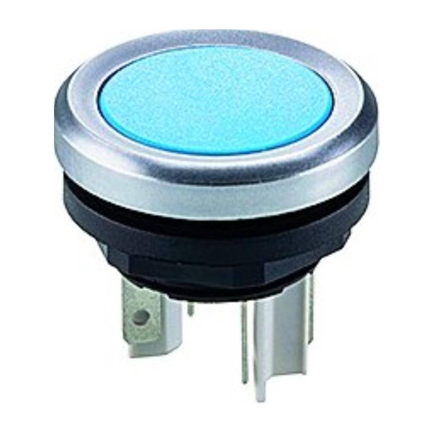„Ein runder, hellblauer Druckknopfschalter mit metallischem Rand und stützenden Metallzacken, der für elektronische oder mechanische Geräte verwendet wird.