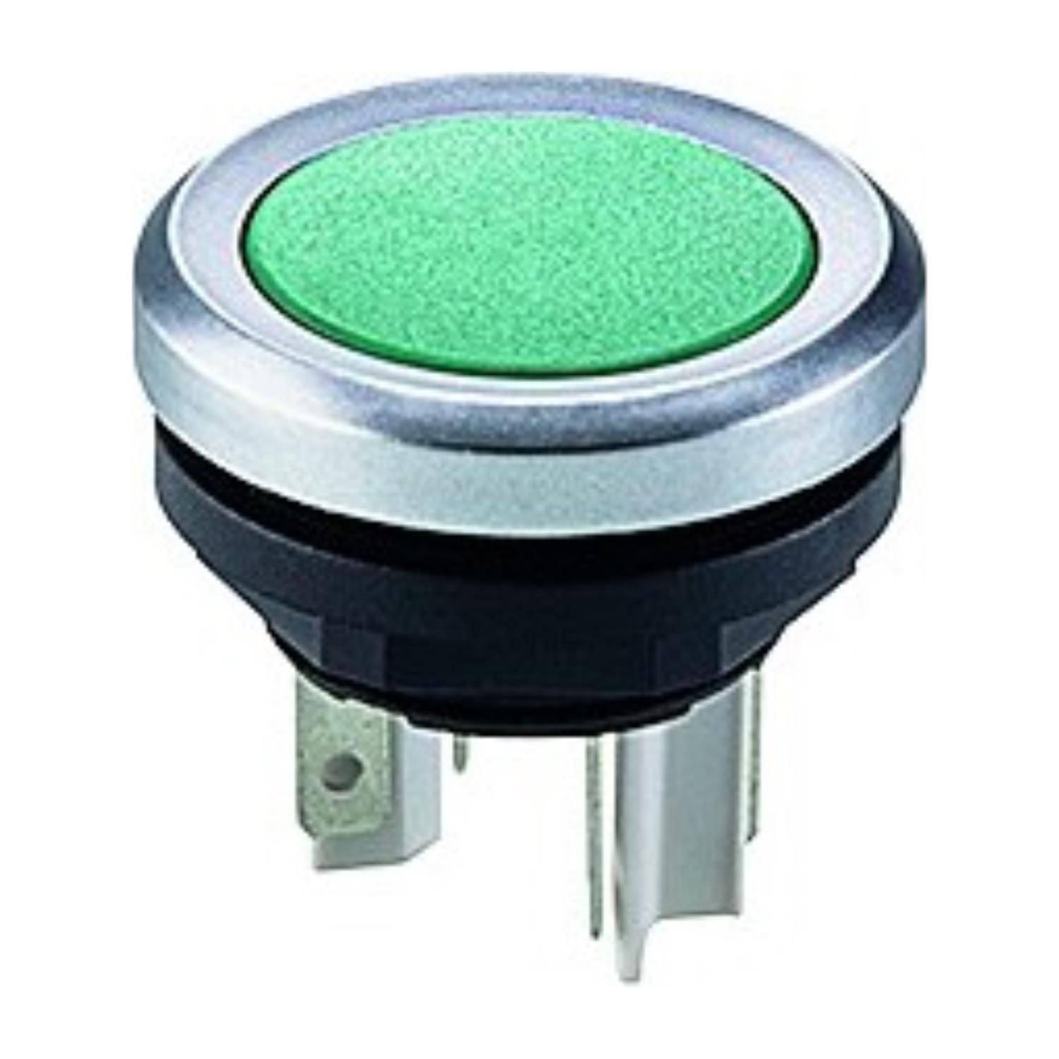 Ein grüner Druckknopf mit einem metallischen Rand und drei Anschlussbolzen, wahrscheinlich verwendet in elektronischer oder industrieller Ausrüstung.