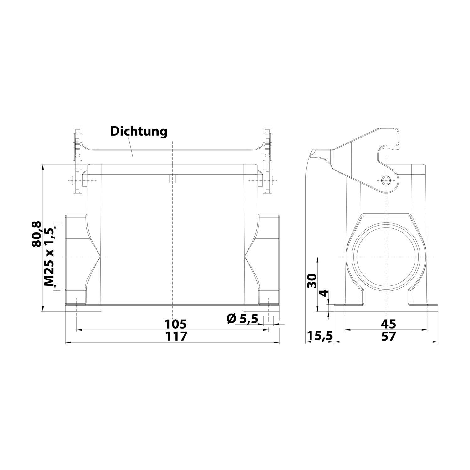 05300160264 HARTING Han 16B Sockelgehäuse hoch, 1xM25 seitlicher Kabelabgang, mit 1 Längsbügel Verschraubung M25