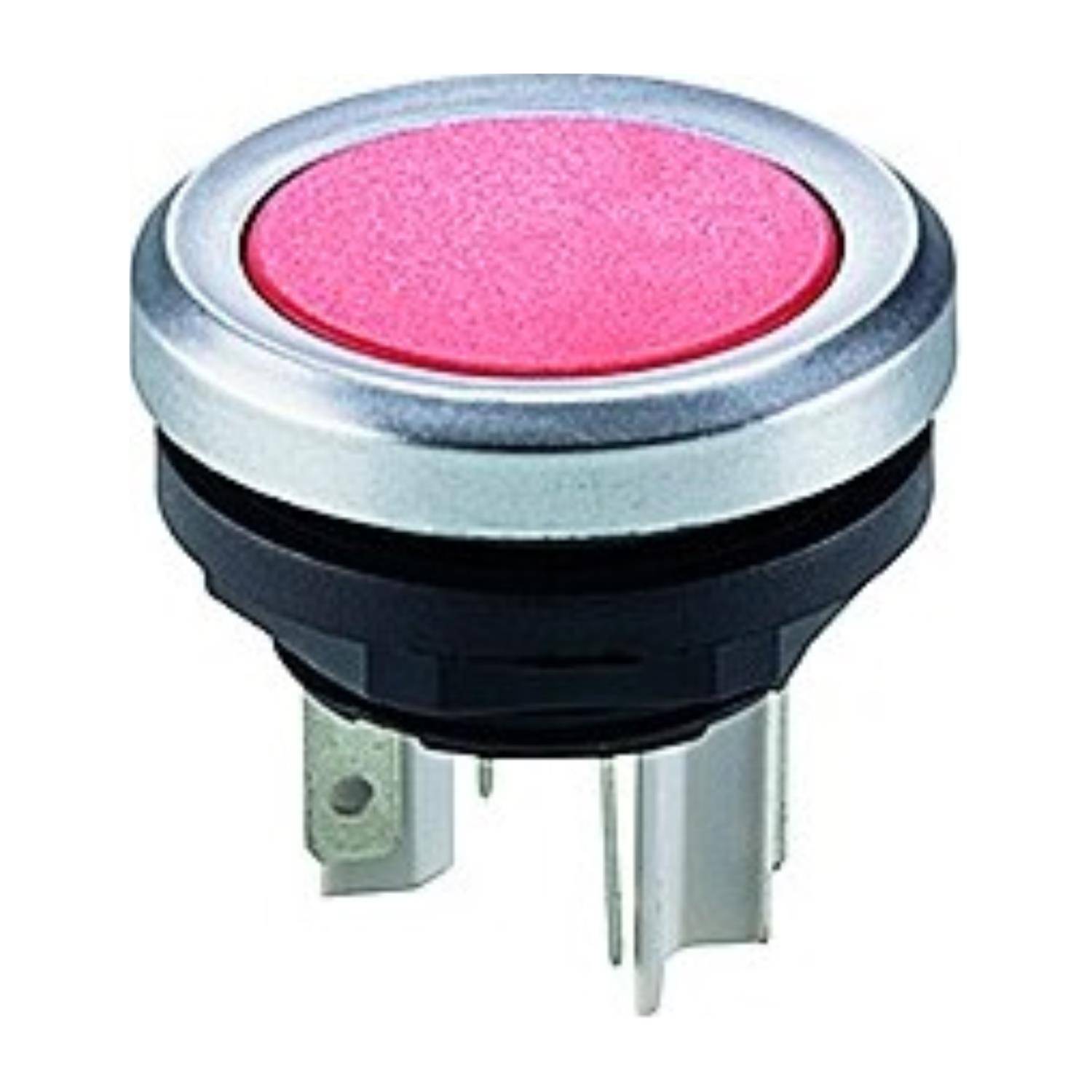 Ein runder roter Druckknopf mit metallischem Rand, konzipiert für die Montage in Schalttafeln von elektronischen Geräten.