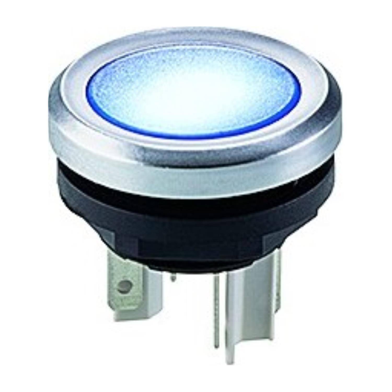 Beleuchteter Druckschalter mit blauem Licht in einem Metallgehäuse, verwendet zum Aktivieren eines Geräts oder Stromkreises.