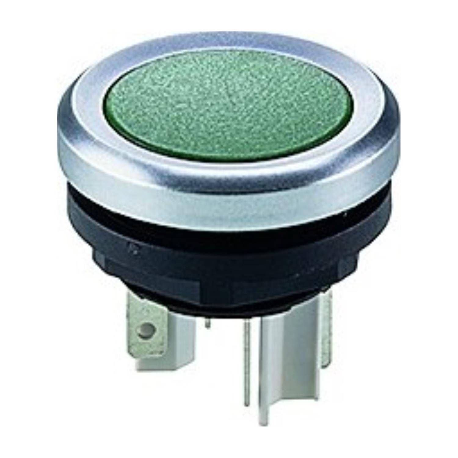 Ein grüner Drucktaster mit metallischem Rand, der für elektronische oder mechanische Steuerungsanwendungen verwendet wird.
