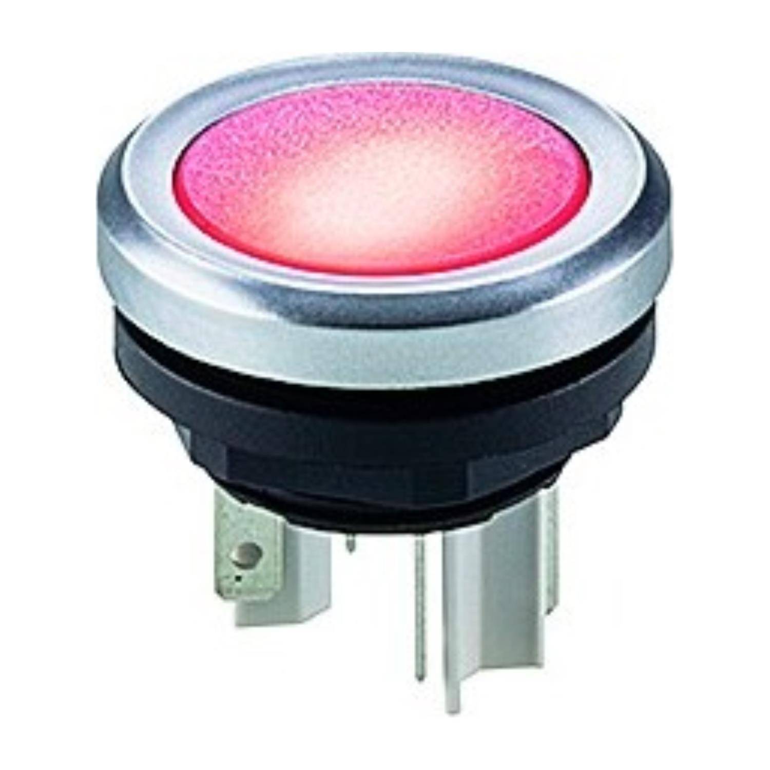 Ein rundes, metallisches Druckknopfelement mit einer rot beleuchteten Mitte, entwickelt für elektrische oder industrielle Steuerungspanels.