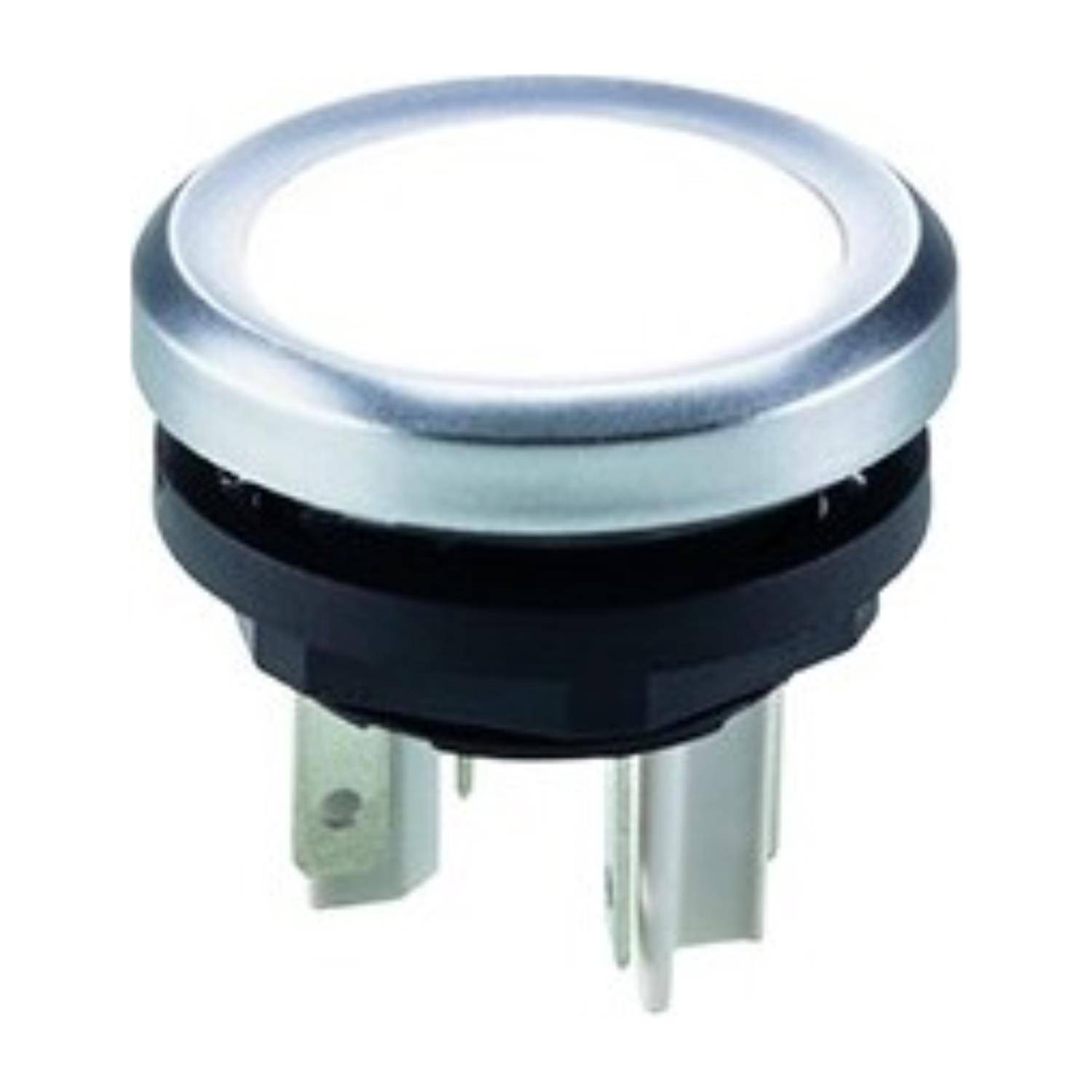 Ein runder, metallischer Druckknopf mit drei vorstehenden Anschlüssen, wahrscheinlich in elektronischen Geräten für Eingabe oder Stromkontrolle verwendet.