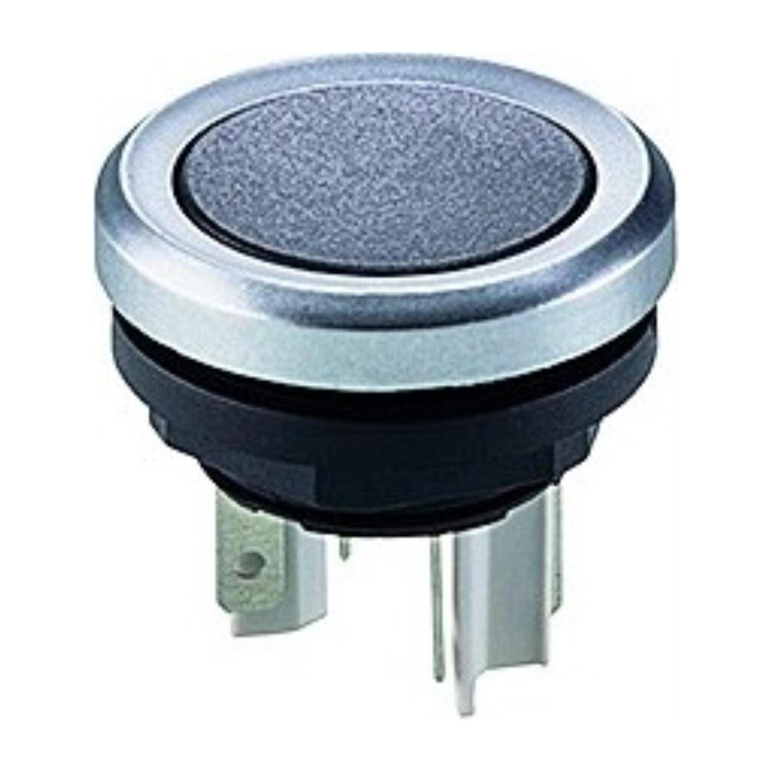 Ein runder Drucktaster mit einem metallischen Außenring und schwarzer Innenfläche. Er verfügt über drei Metall-Anschlüsse für elektrische Verbindungen.