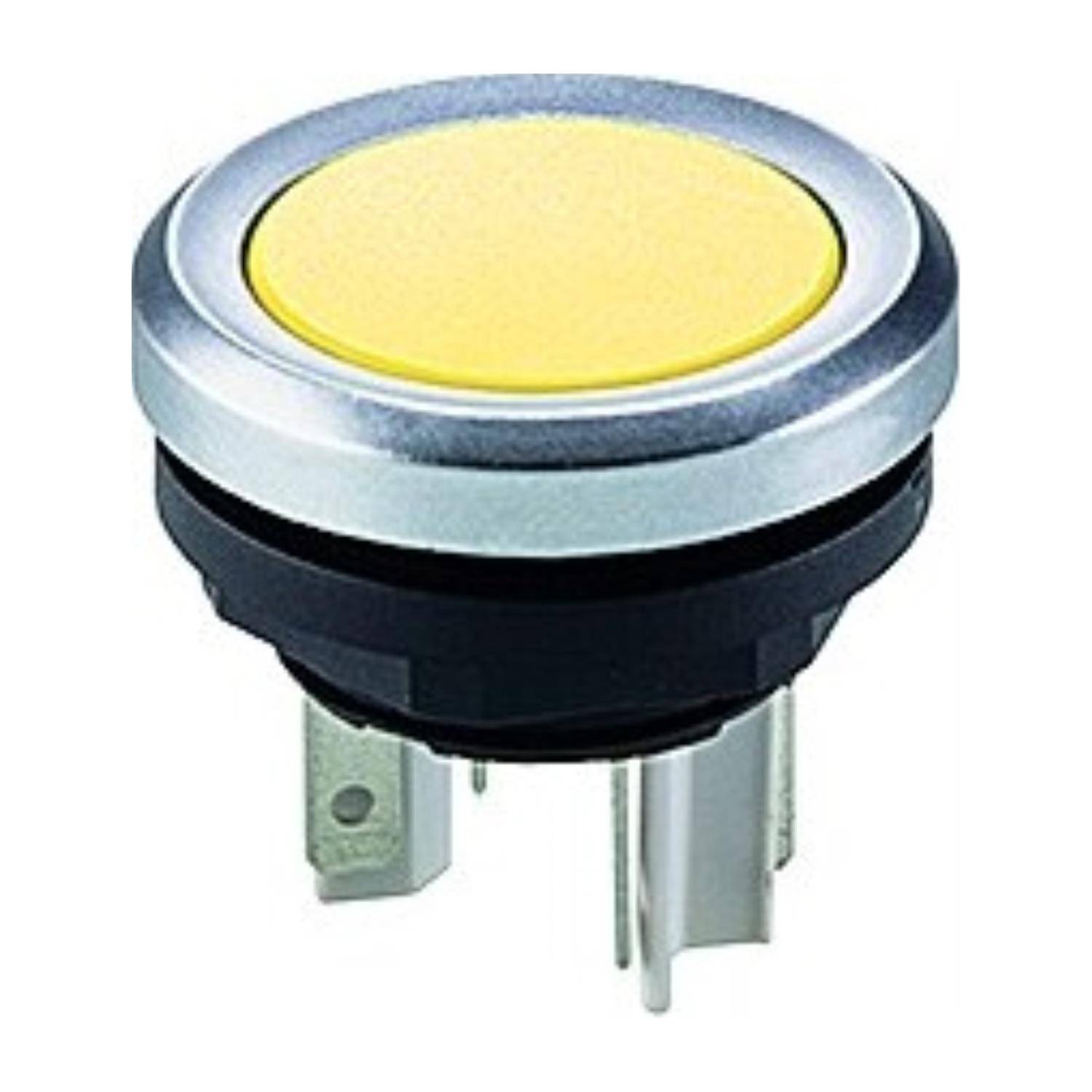 Gelber runder Druckknopf mit metallischem Rand und elektrischen Anschlüssen, verwendet zum Aktivieren elektronischer Geräte.