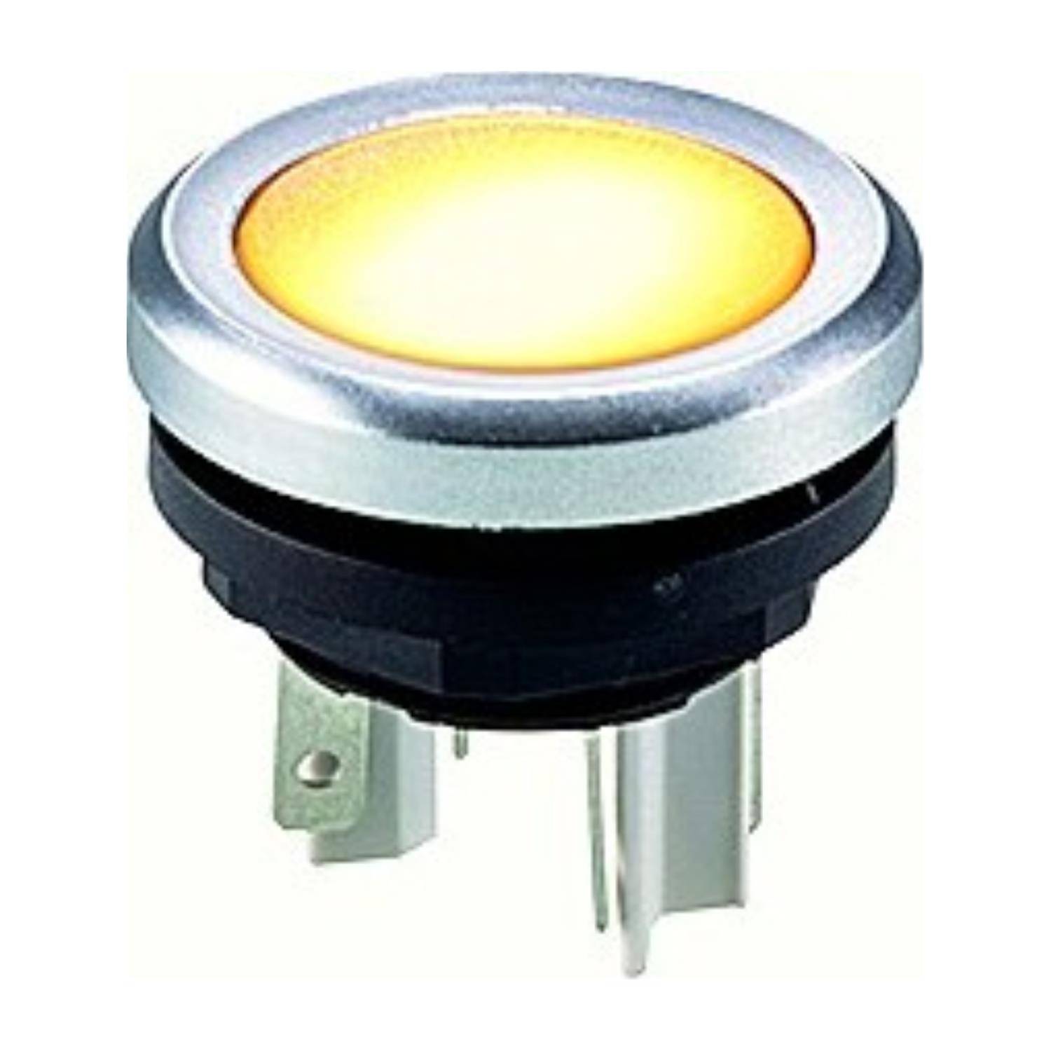 Kreisförmiger beleuchteter Druckknopf mit einer leuchtend gelben Oberfläche und silberner Metallumrandung, verwendet für elektronische Bedienfelder oder Maschinen.