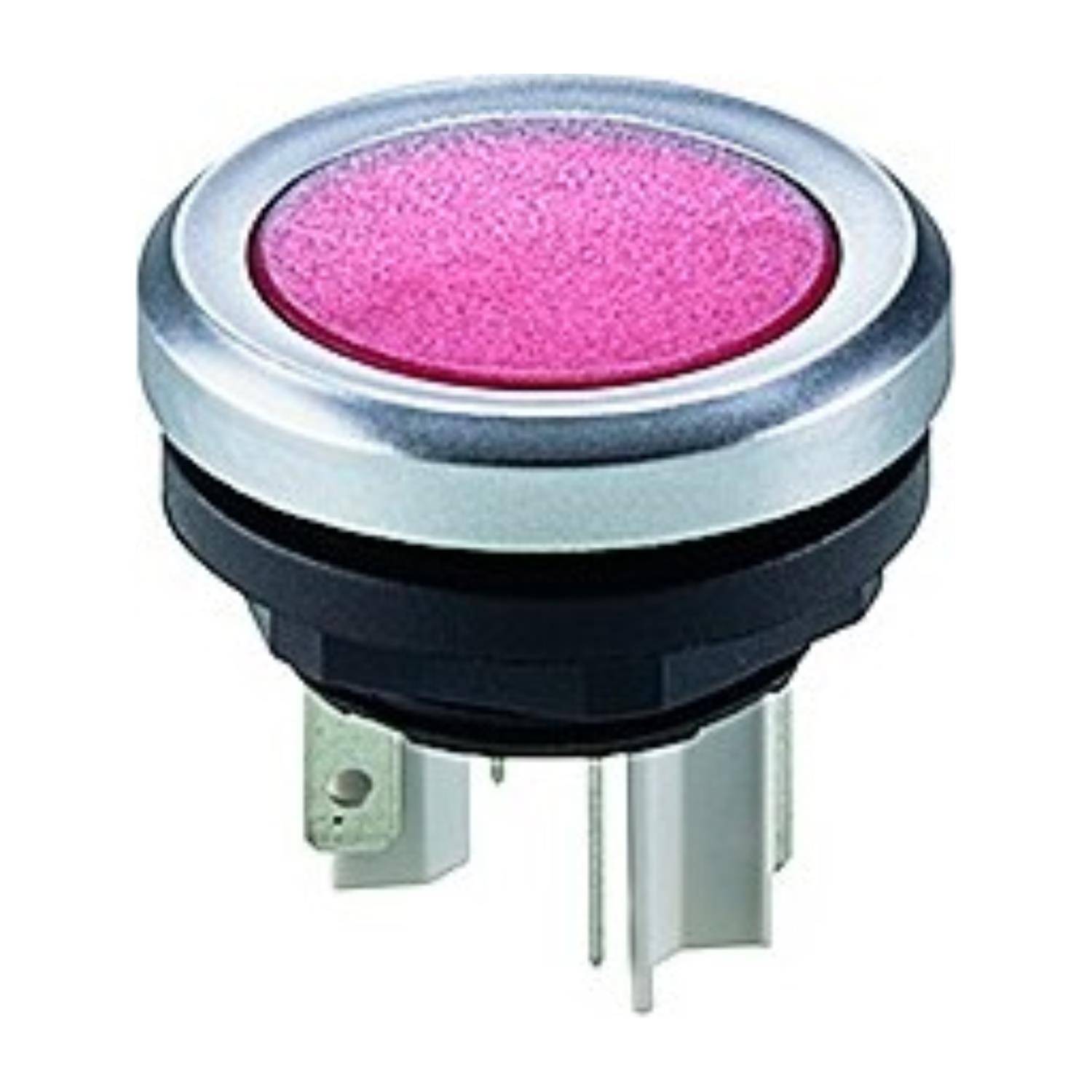 Ein rosa Drucktaster mit metallischem Rand und schwarzer Basis, vorgesehen für elektronische oder industrielle Anwendungen.