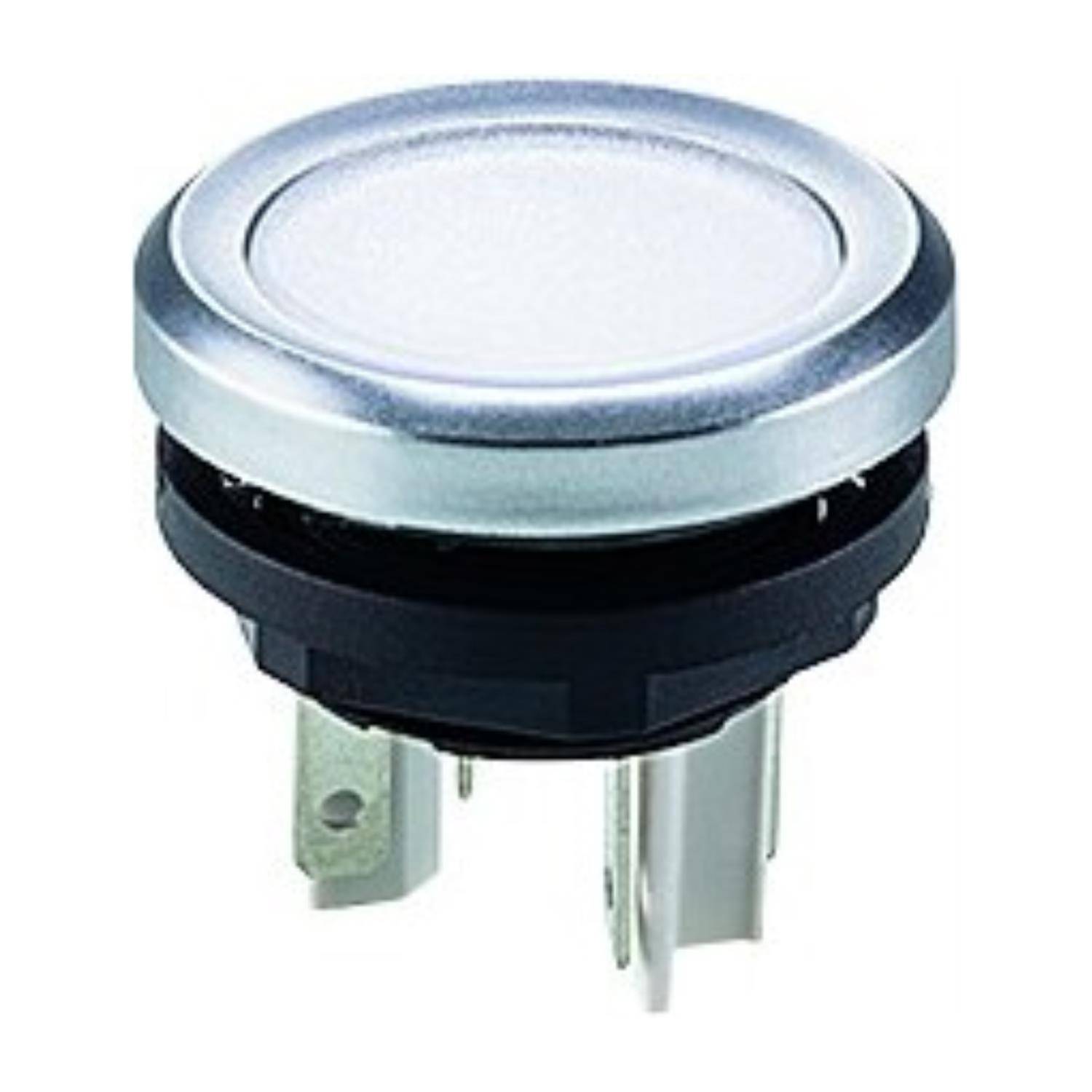 Ein kreisförmiger metallischer Knopf, silbern mit schwarzer Basis und zwei Metallkontakten, konzipiert für elektronische Geräte oder Maschinen.