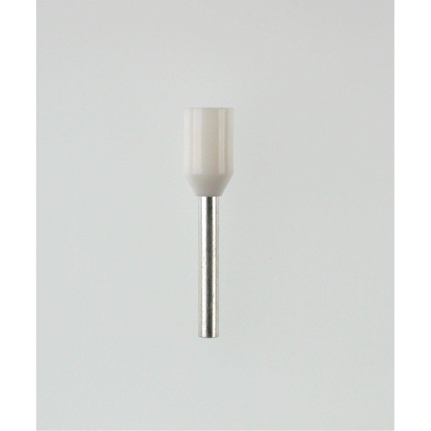 Ein kleines, zylindrisches Objekt mit weißem Deckel und silberner Metallbasis, das einem Stift oder Anschluss ähnelt, ist vor einem einfarbigen Hintergrund zentriert.