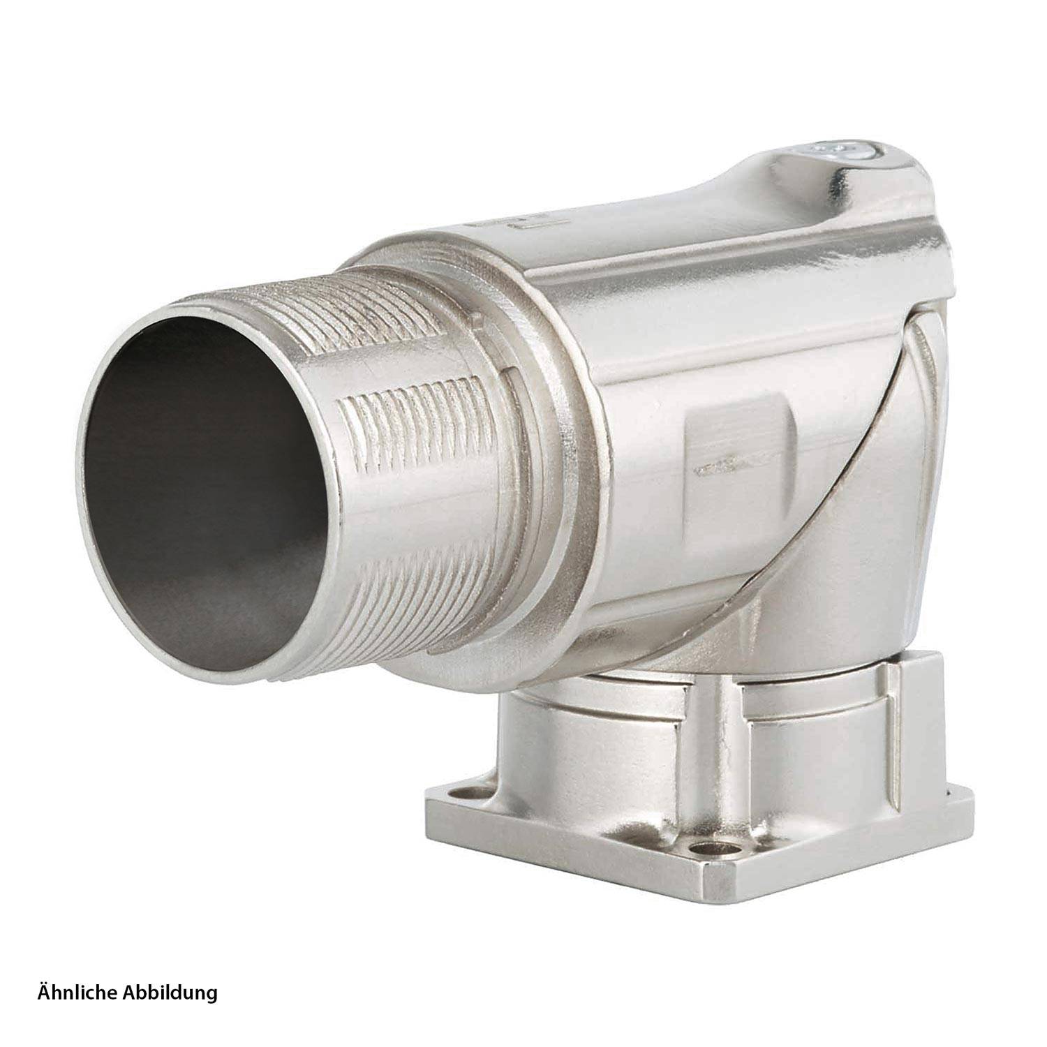 Silberner Metallrohrverbinder mit rechtwinkligem Bogen und Montagebasis, üblicherweise in der Sanitär- oder Industrietechnik verwendet.