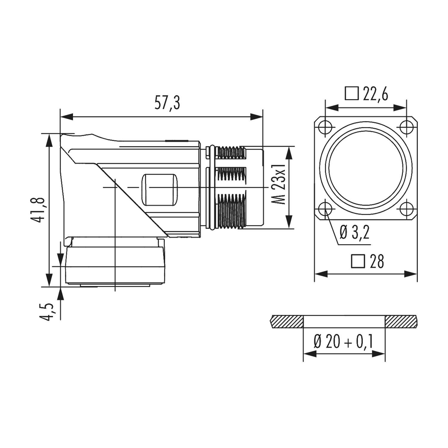 Technische Zeichnung eines Verbindungsstücks. Abmessungen: Länge 57,3 mm, Durchmesser 22,6 mm, Höhe 41,8 mm, Lochdurchmesser 3,2 mm, Kreisdurchmesser 20 ± 0,1 mm.