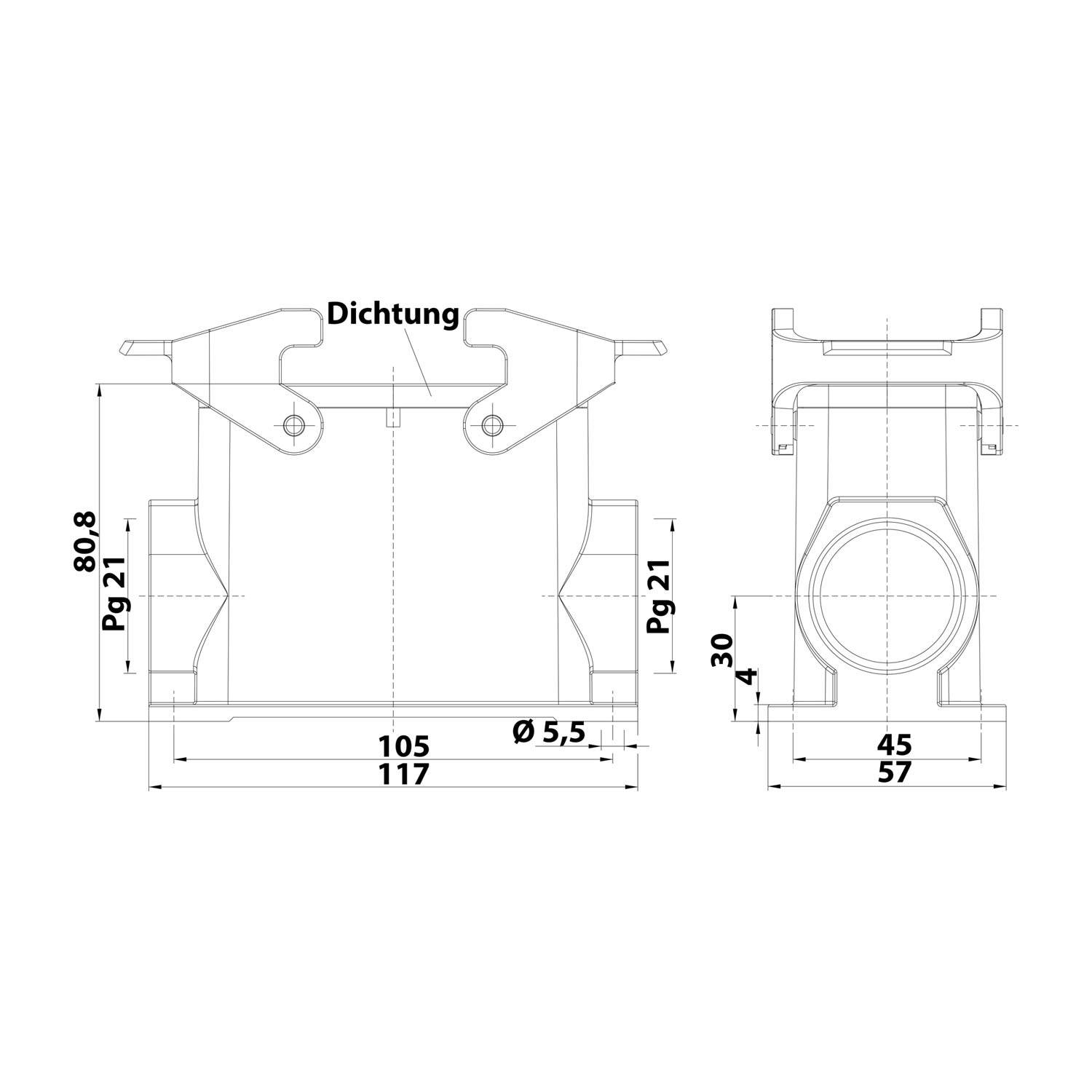 Technische Zeichnung eines mechanischen Bauteils mit in Millimetern beschrifteten Abmessungen, die Breite, Höhe und Durchmesserspezifikationen hervorheben.