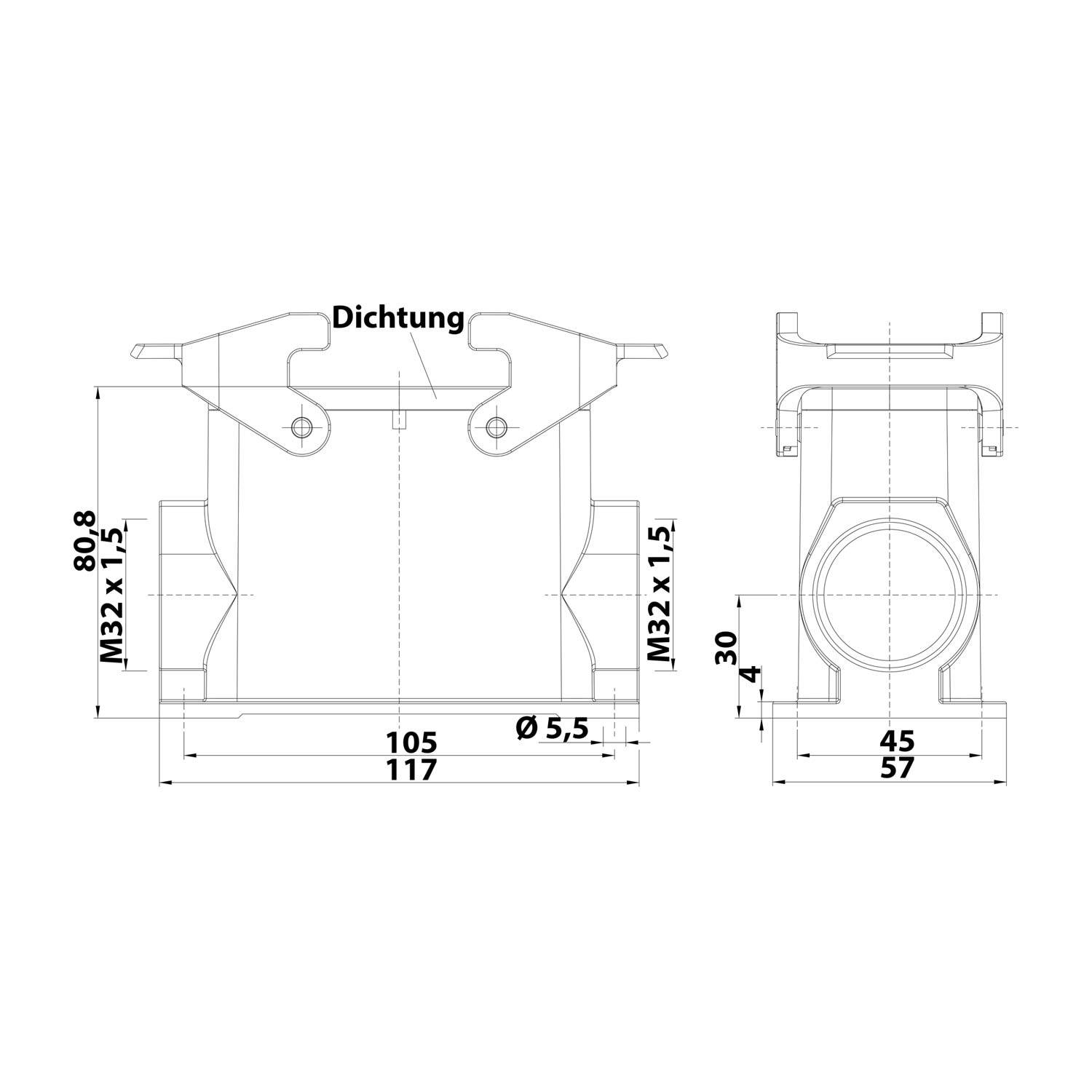 Skizze einer mechanischen Komponente mit Maßen: Höhe 80,8, Breite 105 und 117, Durchmesser 5,5; Seitenansicht Breite 45 und 57. Bezeichnung: Dichtung.