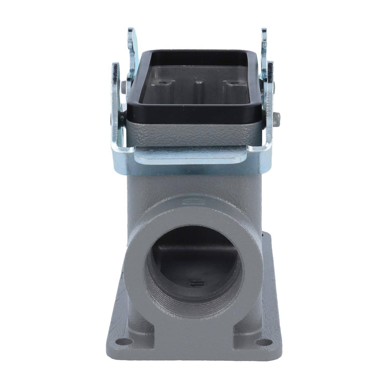 Eine Metallkomponente aus der Industrie mit einem rechteckigen Halter und abgerundeter Öffnung, wahrscheinlich für Montage- oder Einhausungszwecke verwendet.