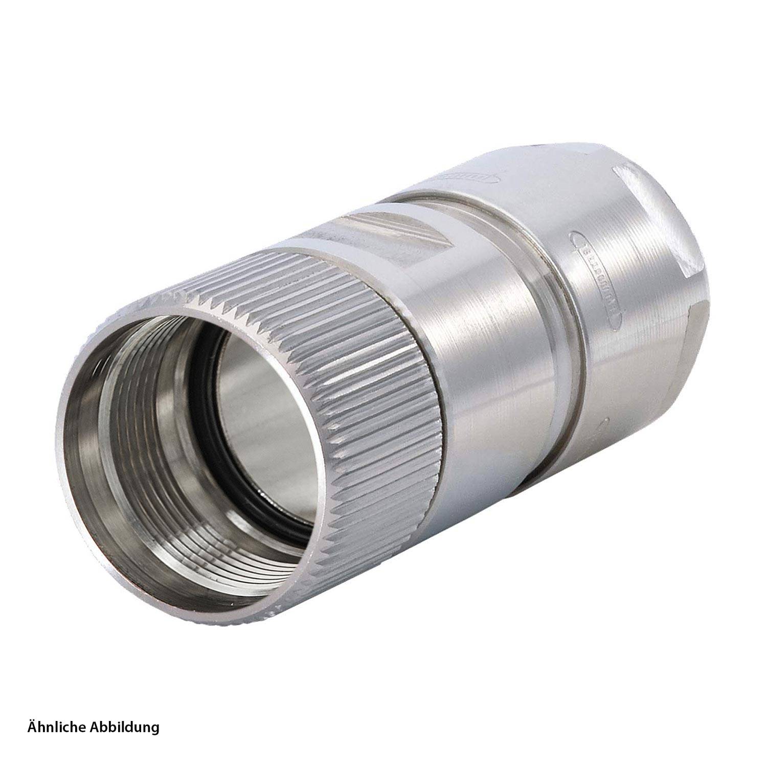 Eine Metallzylinderkupplung mit einem Gewinde am Ende und gerillter Außenseite, die für Rohranschlüsse oder Schlauchabdichtungen konzipiert ist.