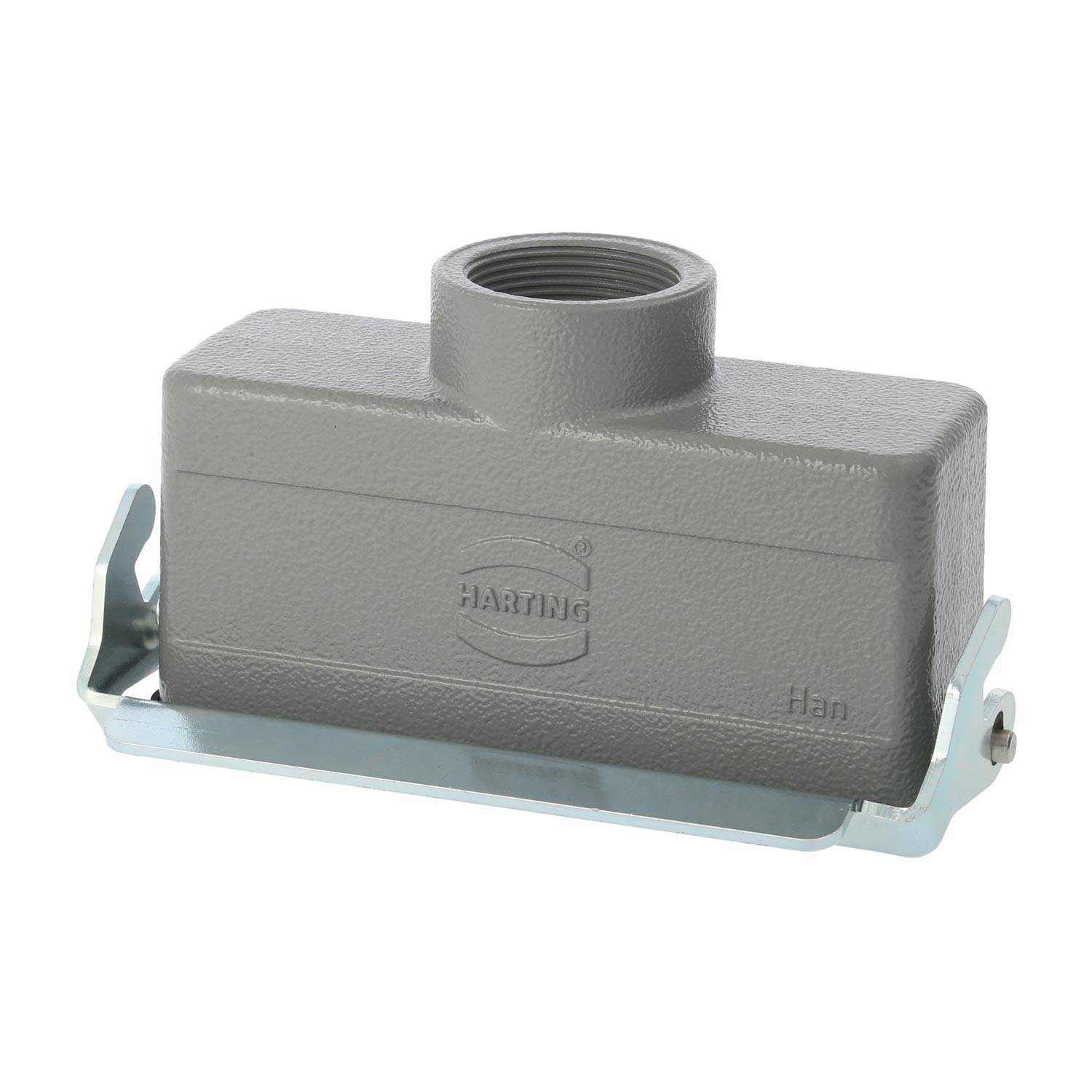 Ein rechteckiges graues Anschlussgehäuse mit eingraviertem 'HARTING' Logo, versehen mit einer oberen Gewindelochbohrung und Metallverriegelungsklammern an den Seiten.
