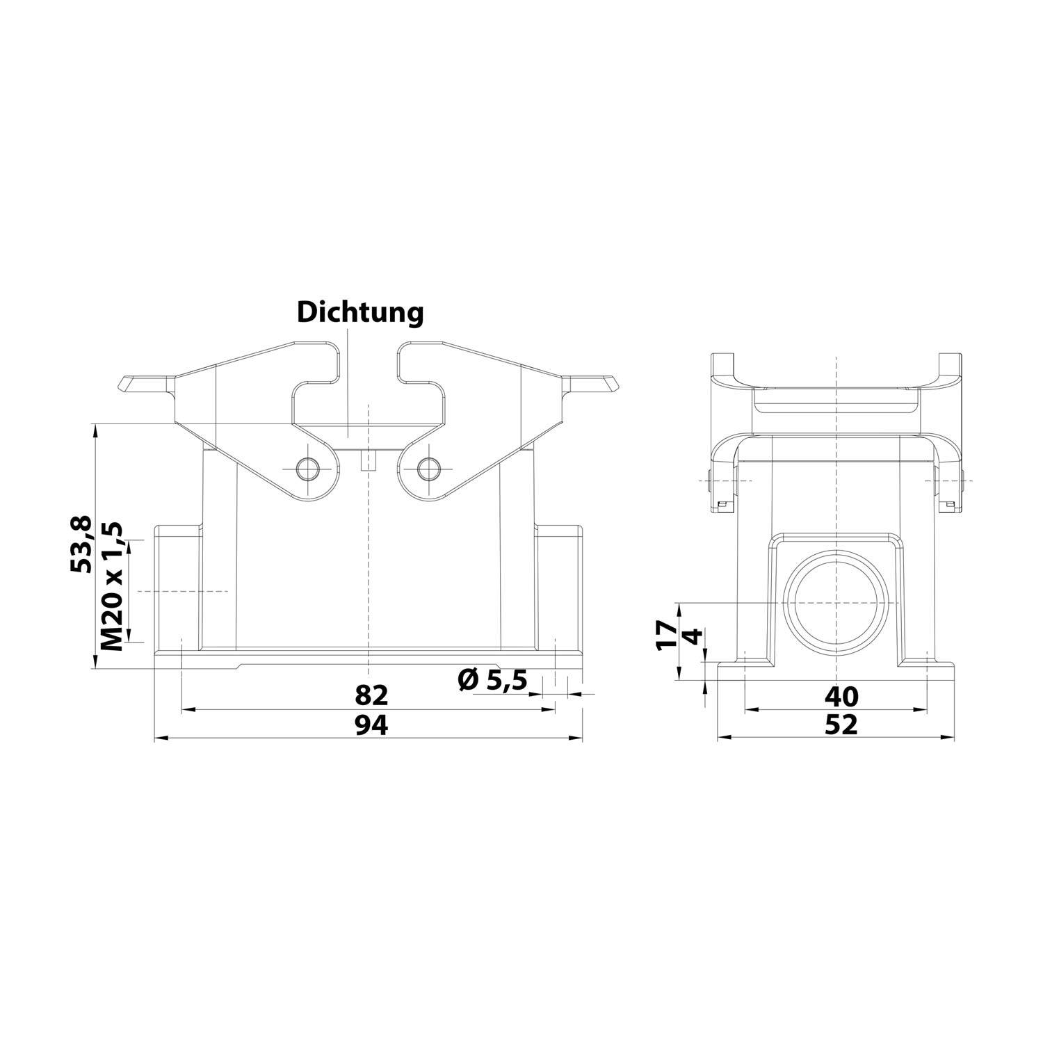 Technische Zeichnung eines mechanischen Bauteils mit Maßangaben und Beschriftungen in Millimetern, mit zwei Ansichten: Vorder- und Seitenansicht, mit beschrifteten Durchmesser und Dichtung.