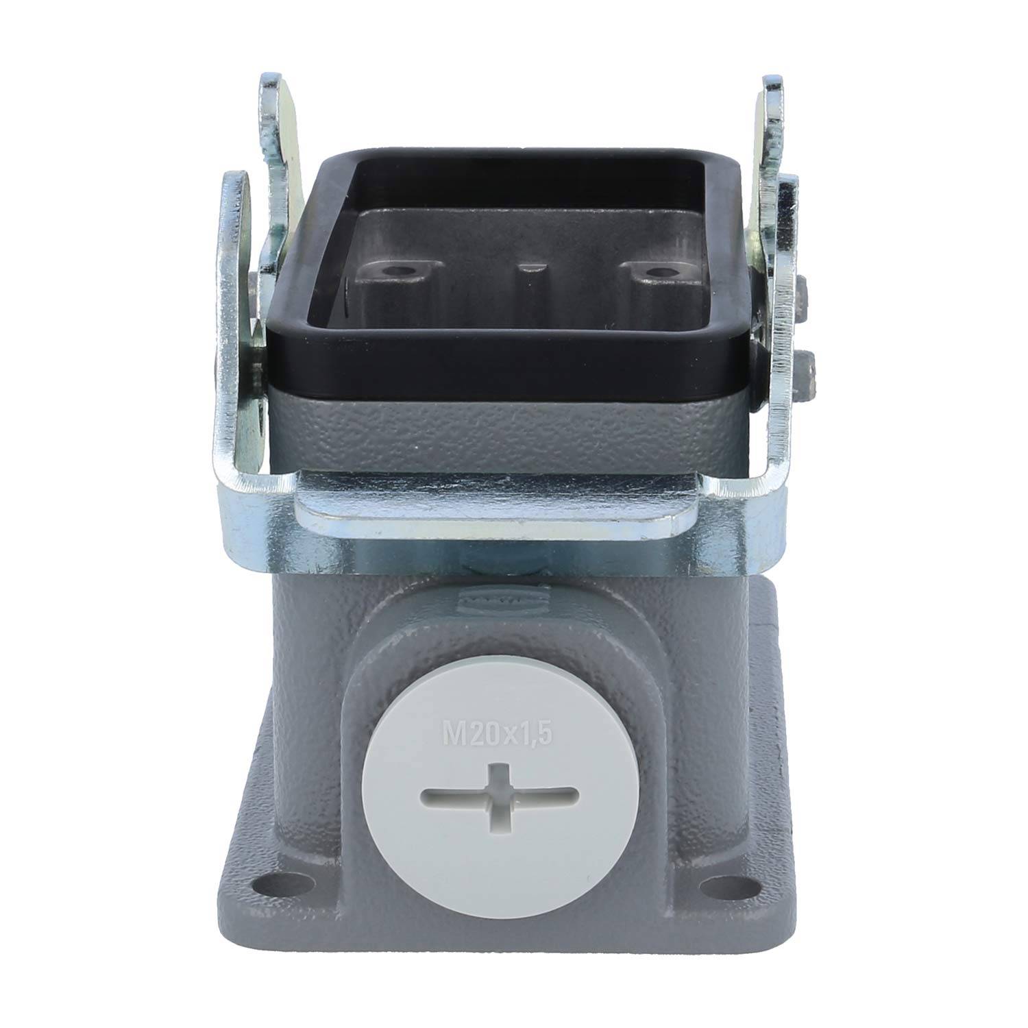 Ein rechteckiger industrieller elektrischer Anschlussblock mit einem grauen metallischen Gehäuse und einem schützenden Gummirahmen oben für die Steckerdurchführung.