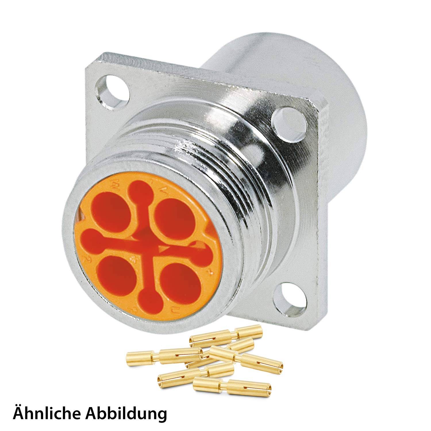 Vierpol-Rundsteckverbinder mit Metallbasis und orangefarbenem Zentrum. Enthält separate goldene Stifte. Text: Ähnliche Abbildung.