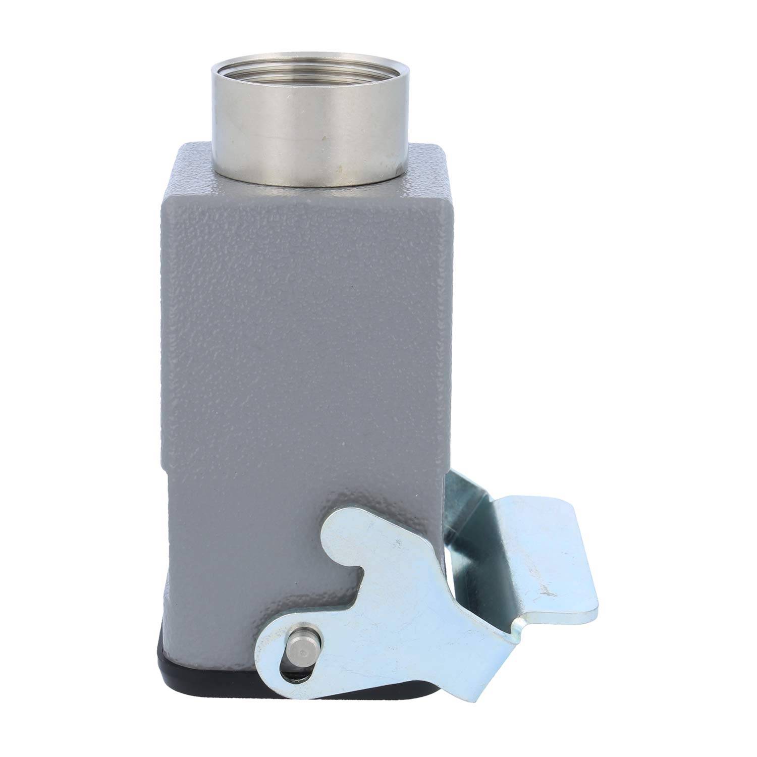 Ein grauer, rechteckiger Metallhalter mit einer offenen kreisförmigen Oberseite und einem angehängten schräg angebrachten Metallclip an der Seite für Montagezwecke.