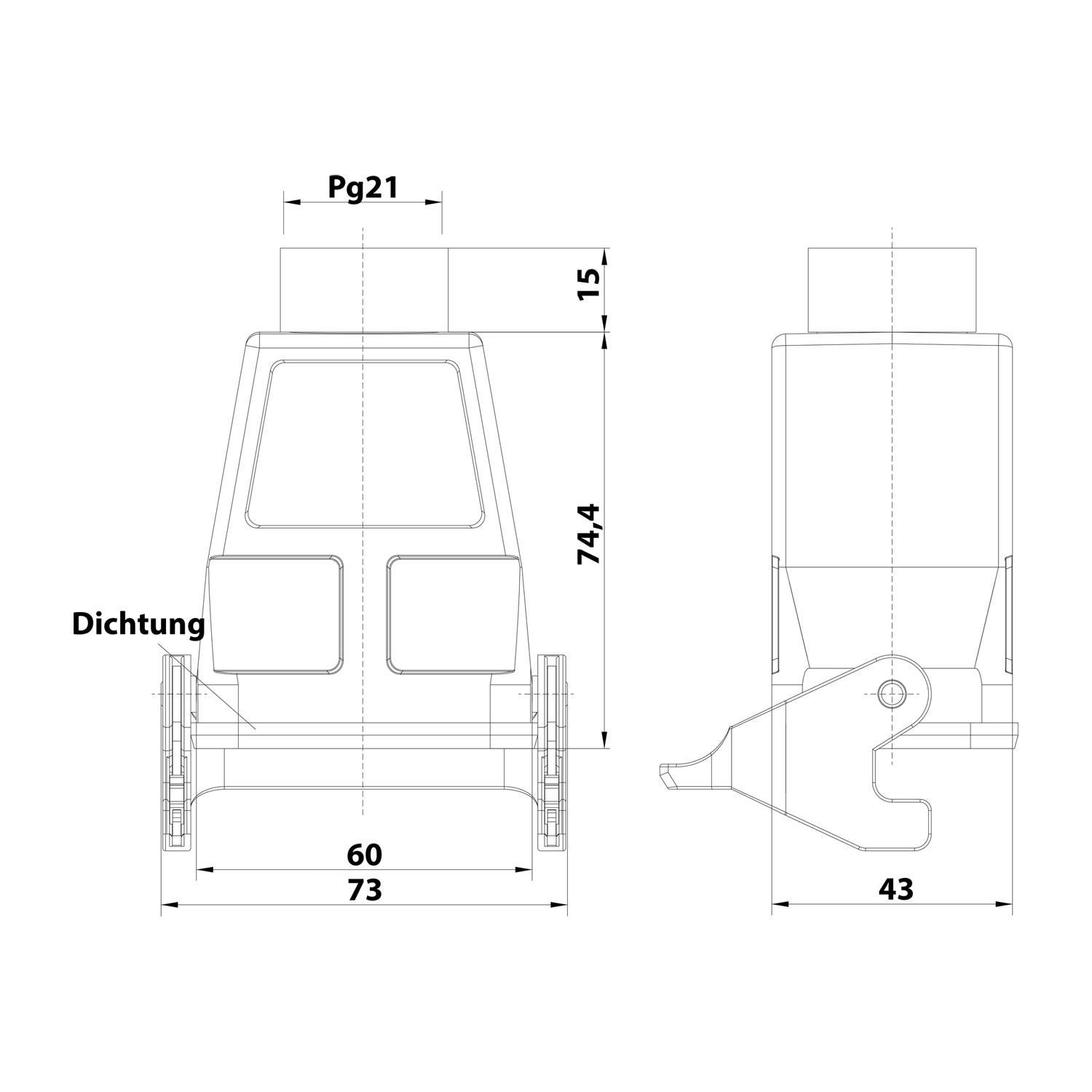 Technische Zeichnung einer mechanischen Komponente mit Maßangaben. Beschriftungen umfassen Pg21, Dichtung und Dimensionen: 15, 60, 73, 43, 74,4.
