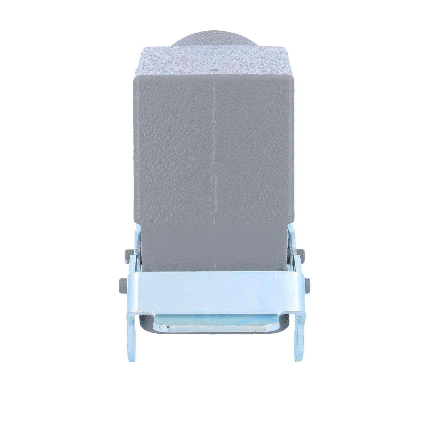 Ein grauer, blockartig geformter Gegenstand, der auf einer hellblauen Basis montiert ist und von vorne betrachtet wird, möglicherweise eine industrielle oder mechanische Komponente.