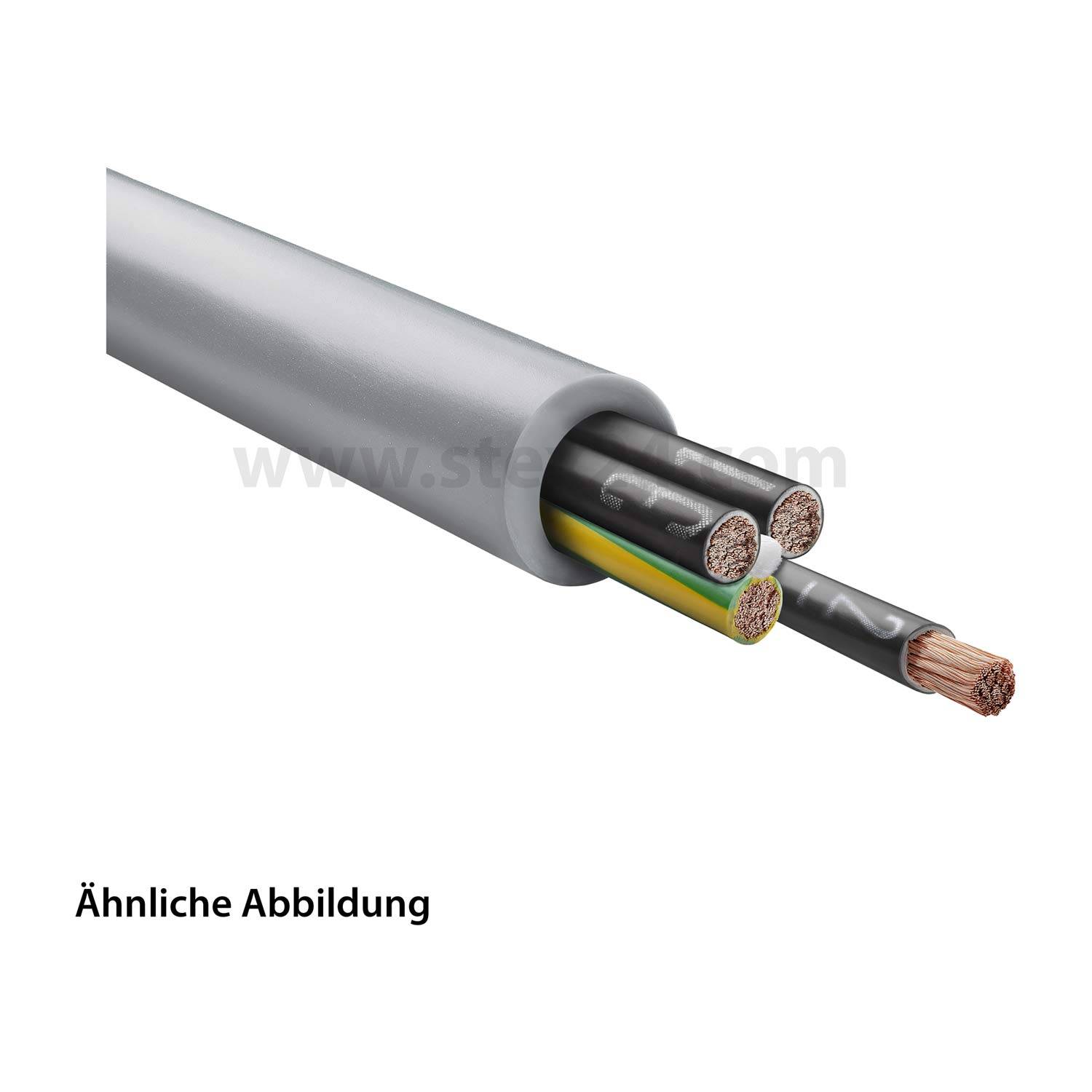 Ein grauer elektrischer Kabel mit mehreren sichtbaren Kupferdrähten am Ende.