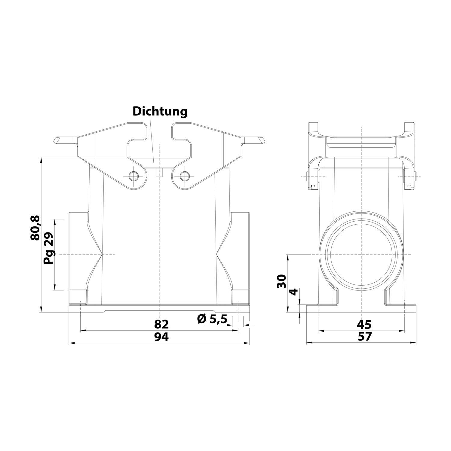 04300100233 HARTING Han 10B Sockelgehäuse hoch, 1xPG29 seitlicher Kabelabgang, mit 2 Querbügeln Verschraubung PG29