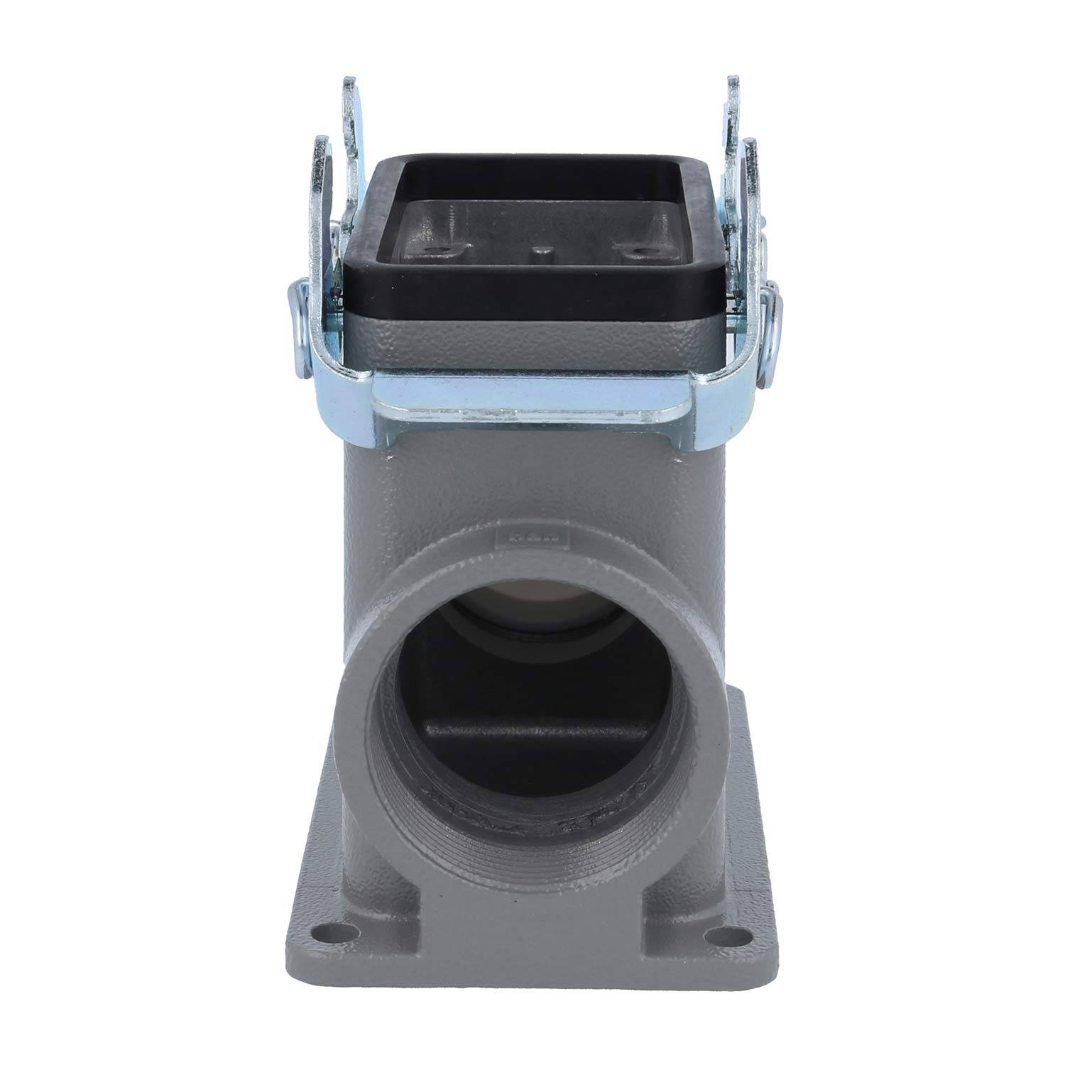 Ein grauer rechteckiger industrieller Rohranschluss mit einer schwarzen quadratischen Kappe, der oben über Metallscharniere für einen sicheren Verschluss verfügt.