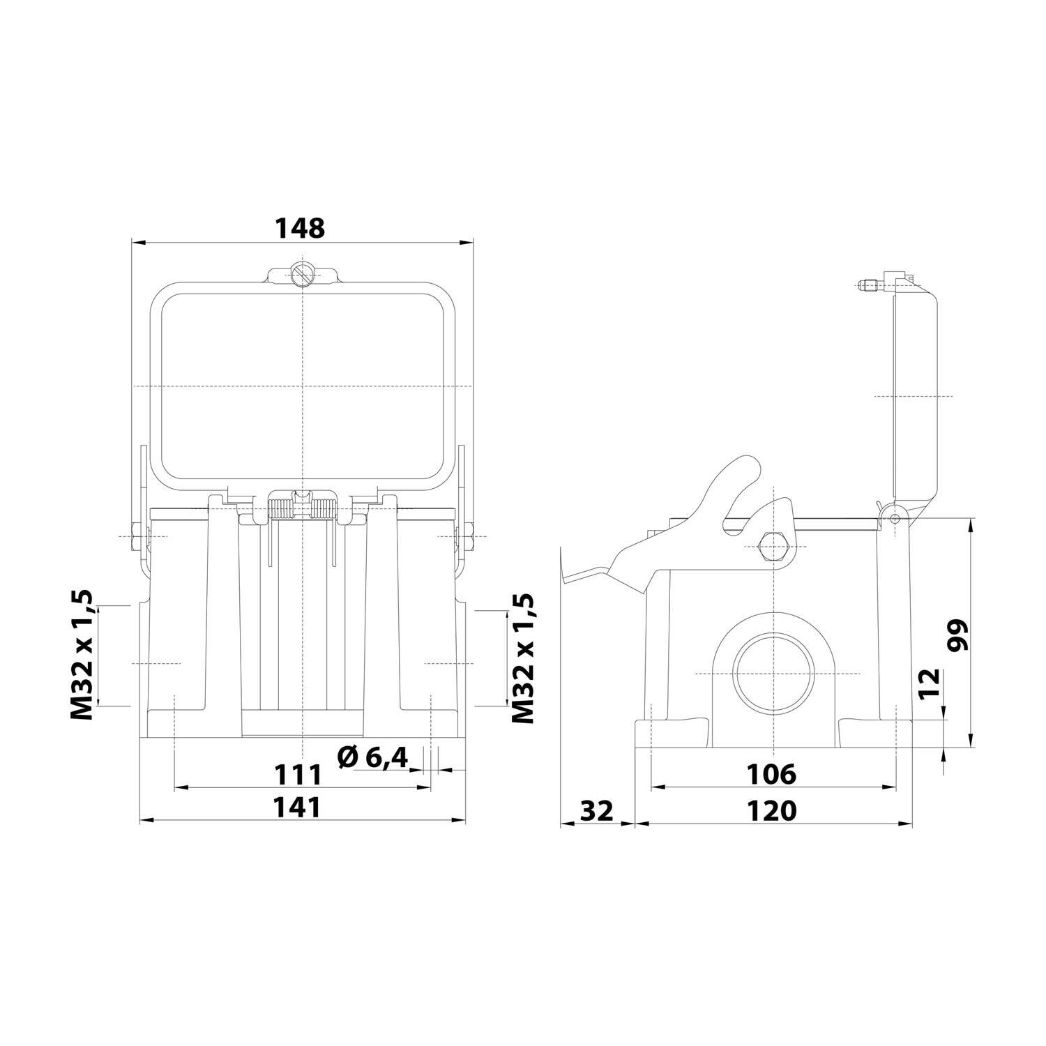 Technische Zeichnung einer Maschinenkomponente mit Abmessungen: Frontansicht Breite 148, Tiefe 141; Seitenansicht Höhe 99, Tiefe 120.