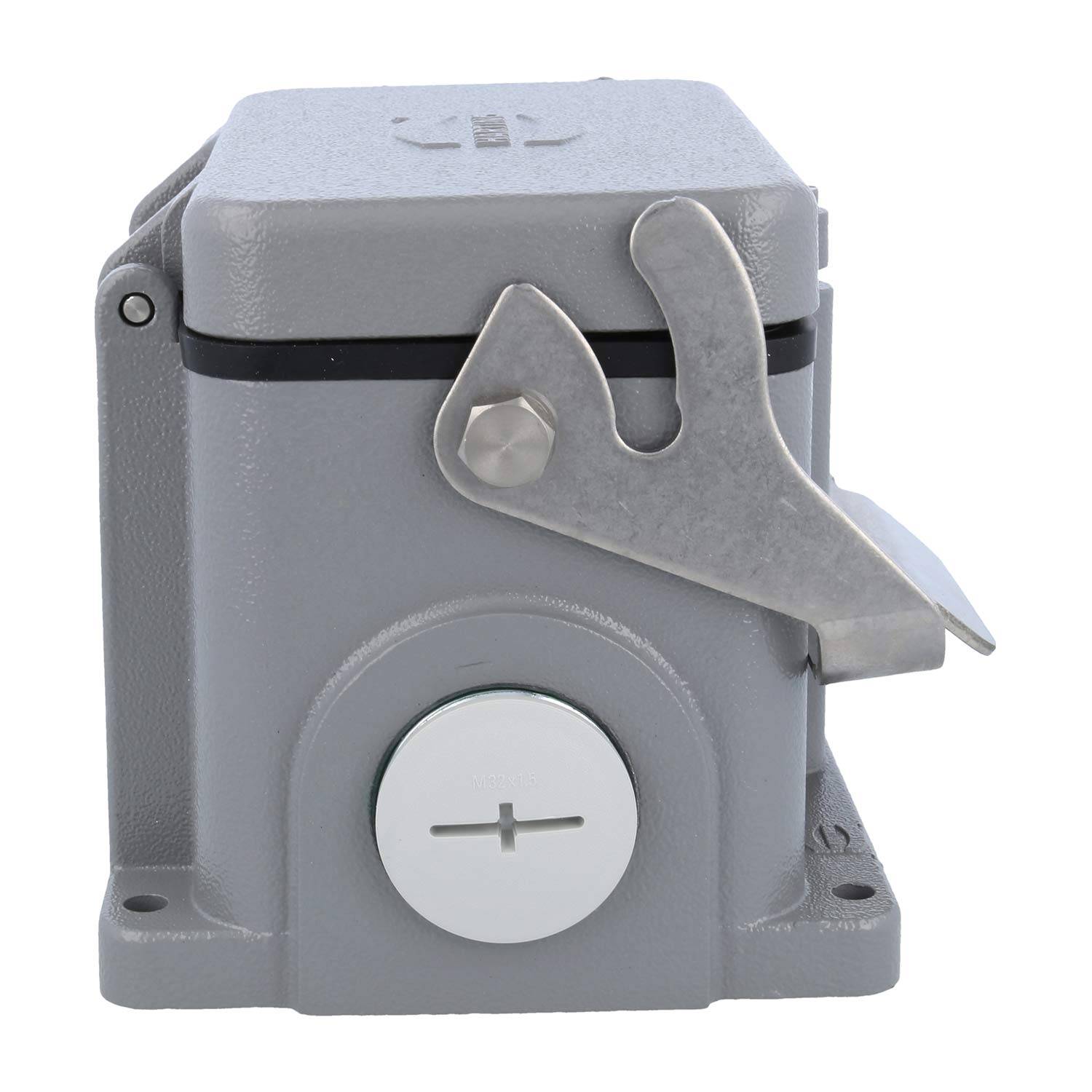 Ein grauer industrieller Endschalter mit einem Metallhebel und einem kreisförmigen Knopf, der mit einem '+'-Symbol markiert ist, zur Erkennung von Maschinenpositionen.