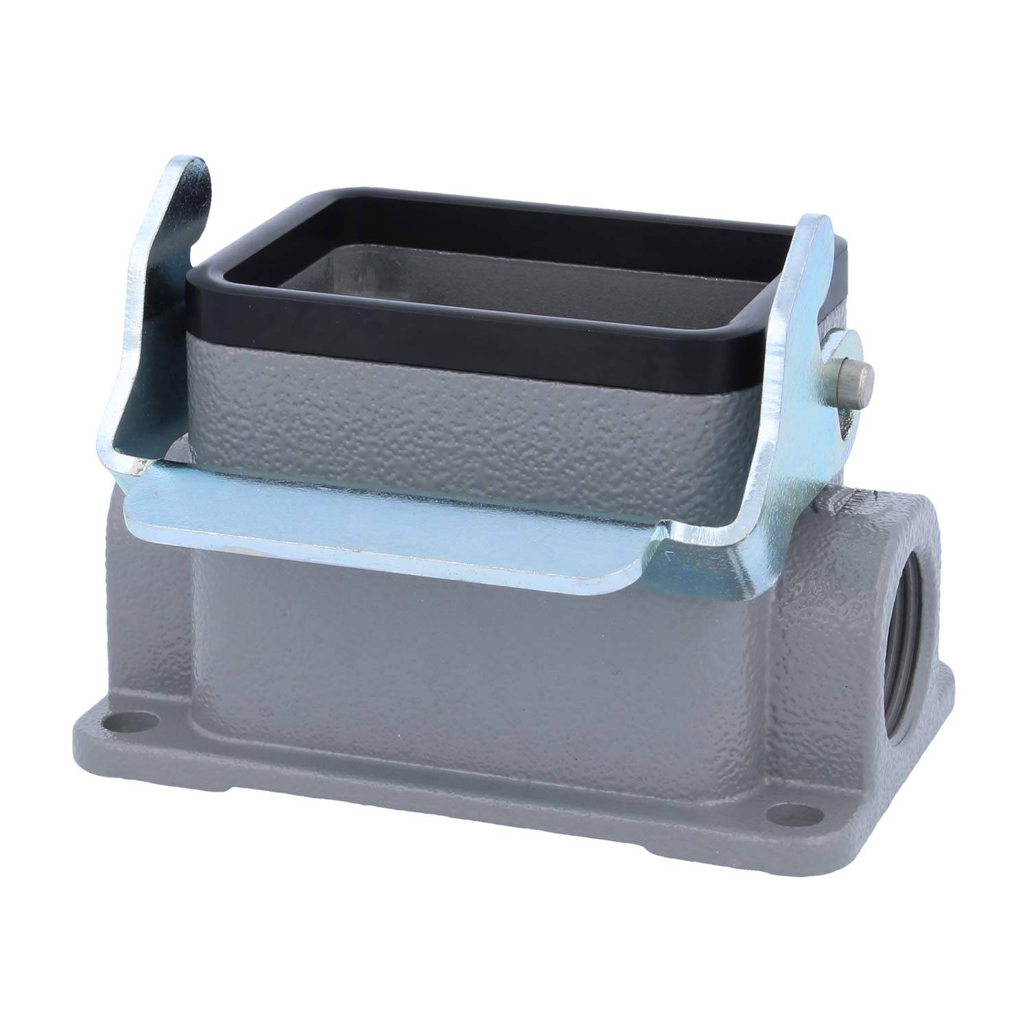 Ein rechteckiger Metallgehäuse-Verbinder mit einer klappbaren Oberseite, geeignet für industrielle Anwendungen, mit robustem Design und seitlichem Kabeleingang.